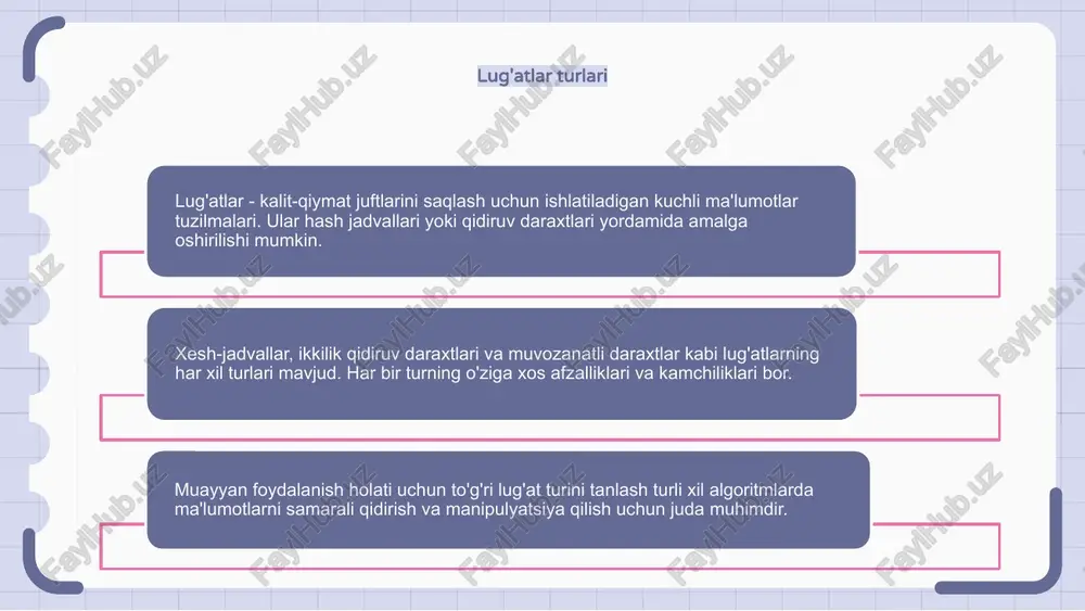 iyatlari va ular ustida bajarilishi mumkin bo'lgan operatsiyalarni ta'riflaydi. matga bir nechta misollar keltirilgan: 1.stek 2.navbat 3.daraxt 4.graf 5.hash jadvali: daraxt graf xulosa: xulosa qilib aytganda lug'atlarning samaradorligi va moslashuvchanligi ularni ko'plab dasturlash vazifalarida, masalan, ma'lumotlarni saqlash va qidirish, indekslash va boshqalarda ishlatishga imkon beradi. lug'atlar (yoki assotsiativ massivlar, hash jadvallari) - bu kalit (key) va qiymat (value) juftidan iborat ma'lumotlar tuzilmasi. har bir kalit noyob bo'lib, u tegishli qiymatga mos keladi. lug'atlar ma'lumotlarni tezkor qidirish, qo'shish va o'chirish imkonini beradi. foydalanilgan adabiyotlar: niklas luxmann, introduction to systems theory. polity, 2012. kamran iqbal. fundamental engineering optimization methods. 1 ste st edition. ©2013. kachala v.v. osnovi teorii sistem i sistemnogo analiza. -m.: izd-vo: goryachaya liniya - telekom, 2007. image1.png image2.png image3.png image4.png