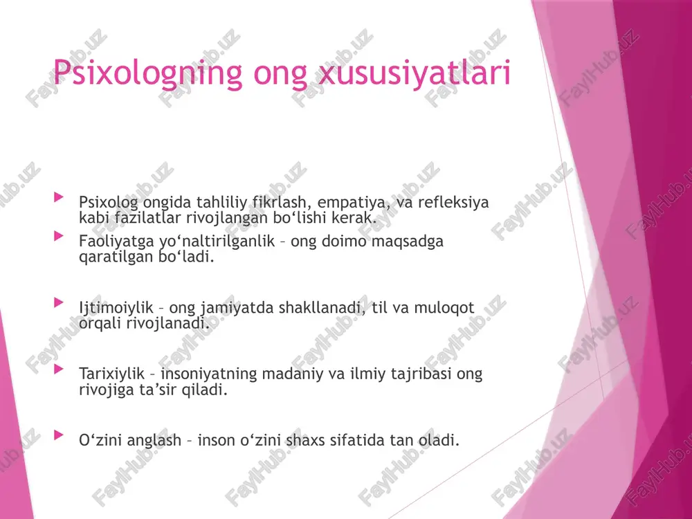 sni kamaytiradi, tafakkur va konsentratsiyani oshiradi. o‘zini tahlil qilish (refleksiya) kunlik tajriba va hissiyotlarni qayta ko‘rib chiqish ongni mustahkamlaydi. ilmiy va professional o‘qishlar psixologiya, nevrologiya va boshqa fanlarni o‘rganish ongning bilim asosini kengaytiradi. kreativ mashqlar yozish, rasm chizish, muammolarni yechish ongni moslashuvchan qiladi. muloqot va empatiya rivojlantirish boshqalar bilan samarali muloqot va ularning hissiyotlarini tushunish psixolog ongini boyitadi. psixologik treninglar va seminarlar real hayotiy vaziyatlarda ong va hissiy barqarorlikni oshirish imkonini beradi. xulosa psixologning ongi — inson ruhiyatini tushunish kaliti. ongni rivojlantirish — kasbiy muvaffaqiyat garovi. ongni rivojlantirish — bu shaxsiy o‘sish, kasbiy muvaffaqiyat va insoniy fazilatlarni kuchaytirishning kalitidir. psixolog o‘z ongini muntazam rivojlantirib, mijozlar bilan samarali ishlay oladi. foydalanilgan adabiyotlar 1. martin, j. (2019). psixologiyada ong va o‘zini anglash. toshkent: fan nashriyoti. 2. vygotskiy, l. s. (2001). ong va faoliyat nazariyasi. moskva: pedagogika. 3. freud, s. (2010). ongsiz jarayonlar psixologiyasi. london: penguin books. image1.jpg image2.jpg image3.jpg image4.jpg /docprops/thumbnail.jpeg
