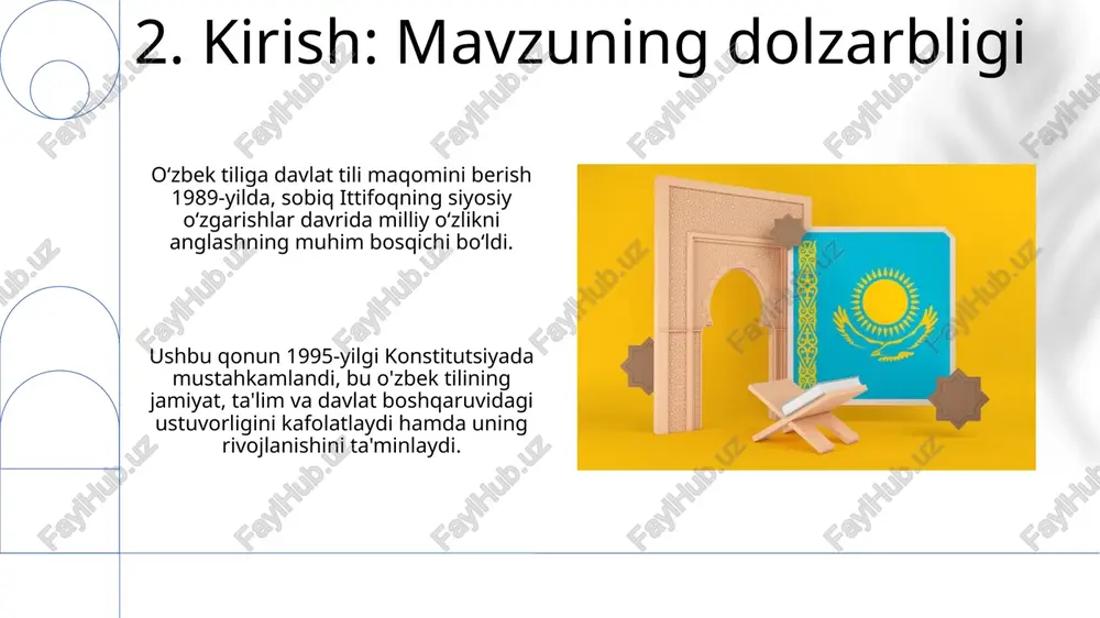 sohalarida 2025-yilgacha sezilarli yutuqlarga erishish muhim vazifa hisoblanadi. 2030-yilgacha o'zbek tilshunosligining dolzarb muammolarini hal etishga yo'naltirilgan fundamental tadqiqotlarni kuchaytirish, terminologiya bazasini boyitish va yangi lug'atlar yaratish asosiy maqsadlardan biridir. 15.xulosa: tarixiy ahamiyatning xulosasi oʻzbek tiliga davlat tili maqomini berish 1989-yilda milliy oʻzlikni tiklashning muhim bosqichi boʻldi, bu orqali madaniy merosni saqlash va rivojlantirish uchun imkoniyat yaratildi. ushbu qaror, xx asrning oxirida qabul qilingan, oʻzbek tilining jamiyat hayotida, ta’lim tizimida va davlat boshqaruvida ustuvorligini belgilab berdi. e'tiboringiz uchun rahmat image1.png image2.png image3.jpg image4.jpg image5.jpg image6.jpg image7.jpg image8.jpg image9.jpg image10.jpg image11.jpg image12.jpg image13.jpg image14.jpg image15.jpg image16.jpg image17.jpg