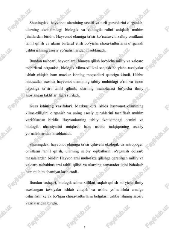 ga ega bo‘lib, tabiatdagi muvozanatni saqlashda katta ahamiyatga ega. ular har xil yashash muhitiga moslashgan bo‘lib, quruqlik, suv va havo muhitida uchraydi. hayvonlar tirik organizmlar orasida alohida o‘ringa ega bo‘lib, ular ovqatlanish, harakatlanish, ko‘payish va muhitga moslashish xususiyatlariga ko‘ra boshqa organizmlardan farqlanadi. tabiatda hayvonlar oziq-ovqat zanjirining muhim bo‘g‘ini bo‘lib, ular ekotizimda organik moddalarning aylanishini ta’minlaydi. hayvonlarning evolyutsion rivojlanishi millionlab yillar davomida sodir bo‘lib, ularning hozirgi xilma-xilligi uzoq davom etgan o‘zgarishlar natijasidir. turli iqlim sharoitlari va geografik hududlarga moslashish natijasida hayvonlarning turli guruhlari shakllangan. masalan, cho‘l hududlarida suvni tejashga moslashgan hayvonlar uchrasa, o‘rmonlarda yashovchi hayvonlar yashirin hayot tarzi yoki baland daraxtlarga moslashgan bo‘ladi. hayvonot olamining xilma-xilligi nafaqat ekologik muvozanat uchun, balki insoniyat hayoti uchun ham muhim ahamiyatga ega. ular oziq-ovqat manbai, qishloq xo‘jaligi va farmatsevtika sohalari uchun xom ashyo sifatida foydalaniladi. shu bilan birga, hayvonlarning kamayishi yoki yo‘qolib ketishi tabiiy muvozanatga jiddiy ta’sir ko‘rsatishi mumkin. shu sababli, hayvonot olamini muhofaza qilish …