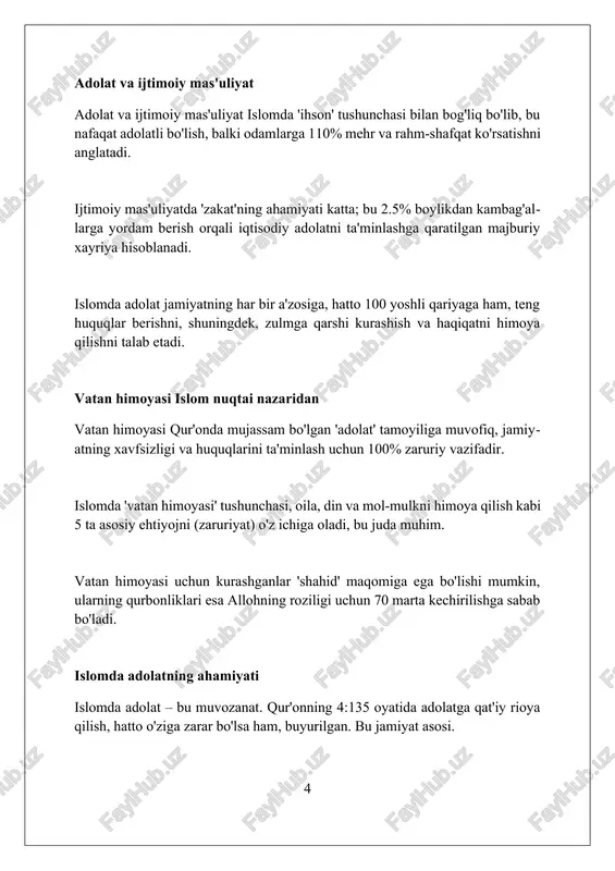 ilik” tushunchasi islomda jamiyat manfaatlarini shaxsiy manfaatlardan ustun qo'yish, ya'ni 100% sadoqatni anglatadi. islom vatanparvarlikni iymonning bir qismi deb biladi, payg'ambar muhammad (s.a.v) makkadan hijrat qilganda vatanga bo'lgan muhabbatini 1000 marta ta'kidlagan. fidoyilik islomda vatanni himoya qilish, uning gullab-yashnashi uchun 24 soat tinimsiz mehnat qilish va qonunlarga 100% rioya etish bilan namoyon bo'ladi. adolat va jamiyat barqarorligi adolat, jamiyat barqarorligining asosi sifatida, ijtimoiy muvozanat va 3 ta asosiy huquqlar, ya'ni mulk, hayot va obro' himoyasini ta'minlaydi. ijtimoiy adolat tamoyillari, 5 ta muhim ustunlikka asoslanadi: teng imkoniyatlar, qonun ustuvorligi, xolislik, shaffoflik va hisobdorlikni ta'minlash. adolatni o'rnatishda davlatning roli 7 ta muhim vazifani o'z ichiga oladi: qonun chiqarish, huquqni muhofaza qilish, sud tizimi, ta'lim, nazorat, axborot va moliyaviy ta'minot. islomda adolat va vatanparvarlikning uyg'unligi islom adolati qur'onda 4:135 oyatida ta'kidlanganidek, qarindoshlarga qarshi bo'lsa ham, haqqoniylikni talab etadi, bu vatanparvarlikning asosiy tamoyilidir. vatanparvarlik islomda 'hubbul vatan minal iman' iborasi bilan ifodalanadi, ya'ni vatanni …