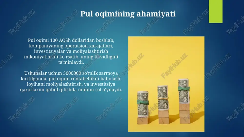 , ya'ni qisqa muddatli majburiyatlarni qoplash qobiliyatini baholashda muhim rol o'ynaydi. pul oqimi to'g'risidagi hisobot uchta asosiy faoliyat turi - operatsion, investitsion va moliyaviy faoliyat bo'yicha pul mablag'larining harakatini ko'rsatadi. e'tiboringiz uchun rahmat image7.jpg image8.jpg image9.jpg image10.jpg image11.jpg image12.jpg image13.jpg image14.jpg image15.jpg image16.jpg image17.jpg image18.jpg image19.jpg image20.jpg image21.jpg image22.jpg image23.jpg image1.png image2.png image3.png image4.png