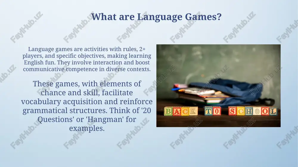 aluation in game-based learning game-based assessment uses dynamic data from gameplay, offering educators insights via metrics like accuracy rate and time per level completed, enhancing formative feedback loops. digital badges, representing skill mastery or achievement within the game, can supplement traditional grades and provide learners with tangible recognition of specific competencies. real-world examples and case studies a 2019 study in japan showed that incorporating 15 minutes of 'simon says' daily significantly improved students' listening comprehension and action-based vocabulary recall by 25%. in a canadian esl program, using 'two truths and a lie' weekly boosted students' confidence in speaking by 30% and improved their ability to identify grammatical errors by 18%. conclusion: embracing language games for effective teaching integrating language games provides an effective, 75%-time increase in learning, because it lowers inhibitions and promotes active participation, making lessons memorable and engaging for students. language games, unlike rote learning with its 20% …