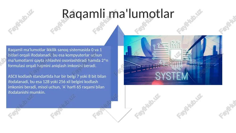 z/915 mhz/2.4 ghz), ma'lumotlar xavfsizligi va uzatish tezligini boshqarish uchun shifrlash algoritmlari va modulyatsiya texnikalarini qo'llaydi. ma'lumotlarni kodlash ma'lumotlarni kodlash ascii, unicode kabi standartlar orqali amalga oshiriladi, bunda har bir belgiga 7 yoki 8 bit (ascii) dan 16 bitgacha (unicode) kod biriktiriladi. raqamli ma'lumotlarni kodlash uchun ikkilik sanoq sistemasidan foydalaniladi, bunda har bir raqam 0 yoki 1 bit bilan ifodalanadi, masalan, 10 soni 1010 ko'rinishida bo'ladi. axborotni uzatish usullari simli aloqa tizimlari mis kabellari yoki optik tolalar orqali ma'lumotlarni uzatadi, bu yerda elektr signallari yoki yorug'lik impulslari 100 gbps dan yuqori tezliklarda yetkaziladi. simsiz uzatish usullari, jumladan radio to'lqinlari (3 khz - 300 ghz), infraqizil nurlar va mikroto'lqinlar, ma'lumotlarni modulyatsiya orqali havo orqali yuboradi va 5g tezligi bir necha gbps gacha yetadi. e'tiboringiz uchun rahmat image5.jpg image6.jpg image7.jpg image8.jpg image9.jpg image10.jpg image11.jpg image12.jpg image13.jpg image14.jpg image15.jpg image16.jpg image17.jpg image18.jpg image4.png image19.jpg image20.jpg image21.jpg image1.jpeg image2.jpeg