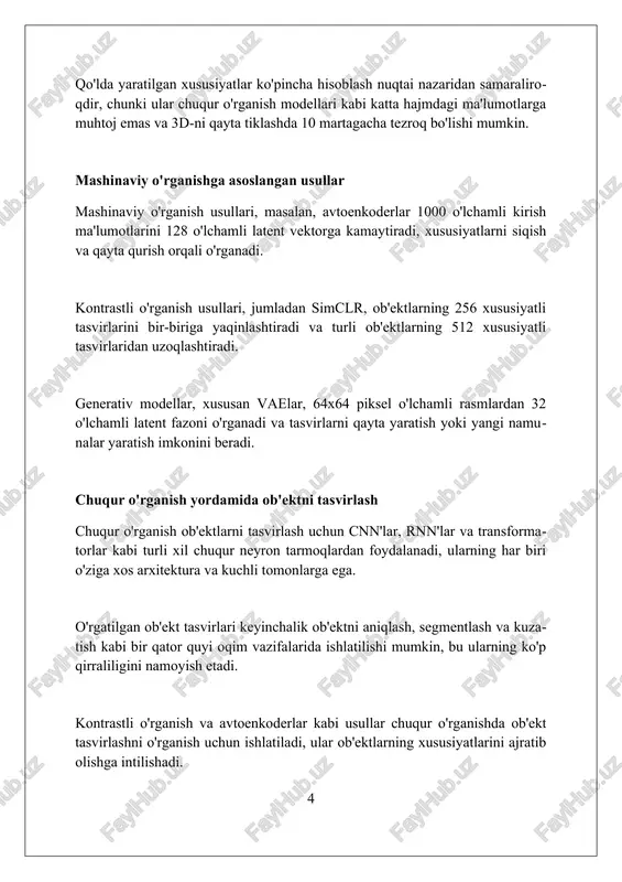 a'lumotlarni yaratish uchun dekodlaydi. gan (generative adversarial networks) generator va diskriminatorni o'z ichiga oladi, ularda generator haqiqiy ma'lumotlarga o'xshash ma'lumotlarni yaratadi va diskriminator ularni ajratib turishga harakat qiladi. ob'ektni tasvirlashning qo'llanilishi ob'ektni tasvirlashning kompyuter ko'rishdagi qo'llanilishi 3d rekonstruksiya kabi vazifalarda muhimdir, bunda 2d tasvirlardan 3d modellarini yaratish uchun chuqurlik va shakl ma'lumotlari zarur. robototexnikada ob'ektlarni tasvirlash manipulyatsiya va navigatsiya uchun juda muhim, robotlarga ob'ektlarni ajratib olishga va ularni aniqlik bilan boshqarishga imkon beradi, 6d holat baholashni o'z ichiga oladi. avtonom haydash tizimlarida ob'ektni tasvirlash muhitni idrok etish uchun kalit bo'lib, transport vositalari, piyodalar va yo'l belgilari kabi ob'ektlarni aniqlashga va ularning holatini 90% aniqlik bilan baholashga yordam beradi. baholash metrikalari baholash metrikalari, masalan, recall@k, aniqlikni (precision) hisobga olgan holda, eng yuqori k ta tavsiyaning nechta foizi relevant ob'ektlarni o'z ichiga olganligini baholaydi. mean average precision (map) ob'ektlarni aniq tasvirlash sifati va tartibini o'lchaydi, bu esa modelning aniqligi (precision) va eslab …