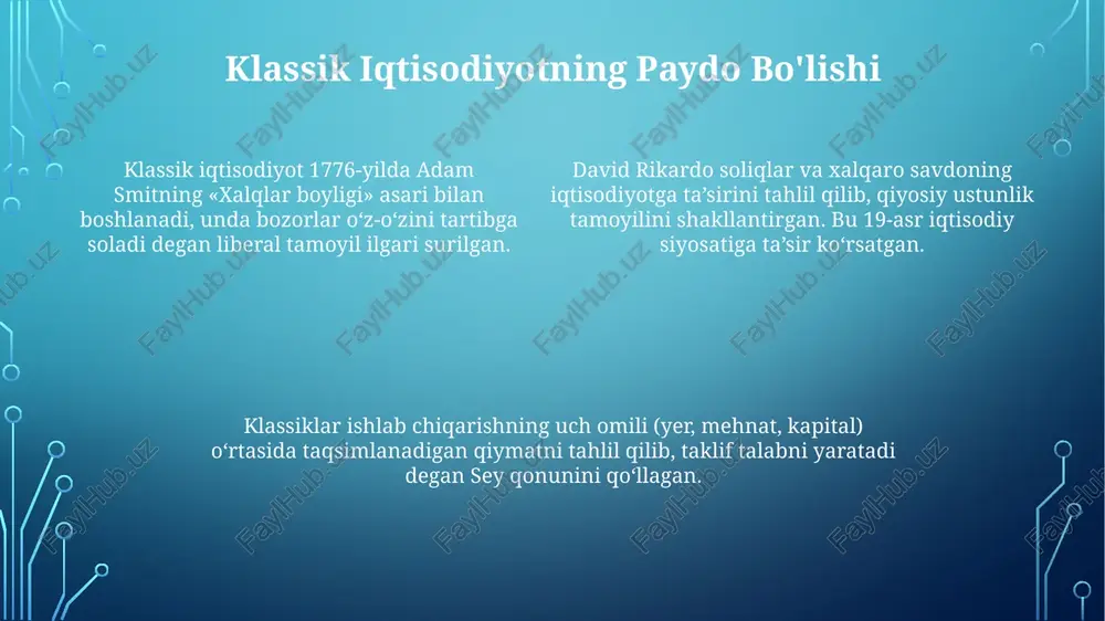 hi 1940-1970 yillarda rostowning bosqichlar nazariyasi singari modernizatsiya modellaridan, bog'liqlik nazariyasiga o'tdi, bu esa global tengsizlikka e'tibor qaratdi. xx asrning oxirida rivojlanish iqtisodiyoti neoliberal siyosatning kengayishi va bozorga yo'naltirilgan islohotlarni qo'llab-quvvatladi, ammo bu siyosatning ta'siri bahsli bo'lib qoldi. institutsional iqtisodiyot va huquqning ahamiyati institutsional iqtisodiyot mulk huquqlari va shartnomalar ijrosini ta'minlash orqali 1990-yillardagi o'tish davridagi samaradorlikni oshirishda muhim rol o'ynadi. huquqiy tizimlar, ayniqsa sudlarning mustaqilligi va shaffofligi, 2000-yillarda xorijiy investitsiyalar oqimini jalb qilish va iqtisodiy o'sishni rag'batlantirish uchun hal qiluvchi ahamiyatga ega. institutsional iqtisodiyotda korrupsiyaga qarshi kurash va yaxshi boshqaruv tamoyillarini joriy etish 2010-yillarda barqaror iqtisodiy rivojlanish va ijtimoiy adolatni ta'minlash uchun muhim hisoblanadi. katta ma'lumotlar va ekonometrika inqilobi katta ma'lumotlar iqtisodiyotda bashoratli modellar uchun yangi imkoniyatlar yaratadi, shu jumladan real vaqtda talabni 10% aniqlikda aniqlash mumkin. ekonometrika inqilobi sabab-oqibat munosabatlarini aniqlashda eksperimental va kvazi-eksperimental usullarni rivojlantirdi, masalan farq-in-farq metodologiyasi. mashinaviy o'rganish algoritmlari iqtisodiy ma'lumotlar bazalaridan muhim naqshlarni aniqlashga yordam …