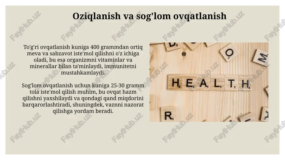 shtirish mumkin. skrining dasturlari, misol uchun, mammografiya 40 yoshdan oshgan ayollarda ko'krak bezi saratonini erta bosqichda aniqlashga qaratilgan bo'lib, davolanish samaradorligini oshiradi. sog'lom turmush tarzini targ'ib qilish sog'lom turmush tarzi targ'iboti uchun har kuni kamida 30 daqiqa jismoniy faollik bilan shug'ullanish, masalan, tez yurish yoki velosiped haydash muhim ahamiyatga ega. targ'ibotda kuniga 5 porsiya meva va sabzavot iste'mol qilishni ta'kidlash lozim, bu esa yurak-qon tomir kasalliklari xavfini 20% ga kamaytirishi mumkin. sog'liqni saqlash tizimi va xizmatlar o'zbekistonda sog'liqni saqlash tizimi davlat tomonidan moliyalashtiriladi, lekin 2025-yilga borib majburiy tibbiy sug'urta joriy etilishi rejalashtirilgan, bu xizmat sifatini oshirishga qaratilgan. o'zbekistonda 100 ming aholiga 220 dan ortiq shifokor to'g'ri keladi, ammo qishloq joylarda tibbiy xizmatlar sifati pastligi sababli, kadrlar taqchilligi muammosi saqlanib qolmoqda. e'tiboringiz uchun rahmat image4.jpg image5.jpg image6.jpg image7.jpg image8.jpg image9.jpg image10.jpg image11.jpg image12.jpg image13.jpg image14.jpg image15.jpg image16.jpg image17.jpg image18.jpg image19.jpg image20.jpg