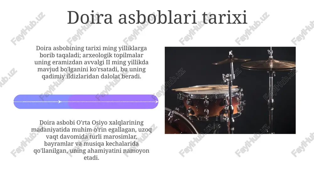 zasini tozalashda 70% izopropil spirti bilan namlangan yumshoq matodan foydalaning; bu yog'lar va kirlarni olib tashlaydi, lekin terini quritib yubormaydi. doira asboblarini yig'ish va sozlash doira terisining tarangligini sozlashda, 'halqa'ning 7-9 qismida joylashgan vintlar yordamida bosimni teng ravishda taqsimlash kerak, bu rezonansni optimallashtiradi. doira yig'ishda, avvalo, 40-45 sm diametrli yog'och halqa tayyorlanadi, so'ngra echki yoki baliq terisi suvga solib, 12-24 soat davomida yumshatiladi va halqaga tortiladi. xulosa xulosa o'zbekistonda keng tarqalgan zarbli cholg'u asbobidir, odatda to'ylarda va bayramlarda ishlatiladi va taxminan 40-50 sm diametrga ega bo'lishi mumkin. ushbu asbob ko'pincha teridan yasalgan membrana bilan qoplangan yog'ochdan yasalgan ramkaga ega va ovozni yaratish uchun qo'l yoki tayoq bilan uriladi. e'tiboringiz uchun rahmat image4.png image5.jpg image6.jpg image7.jpg image8.jpg image9.jpg image10.jpg image11.jpg image12.jpg image13.jpg image14.jpg image15.jpg image16.jpg image17.jpg image18.jpg image19.jpg image20.jpg image21.jpg image1.jpeg image2.jpeg image3.jpeg