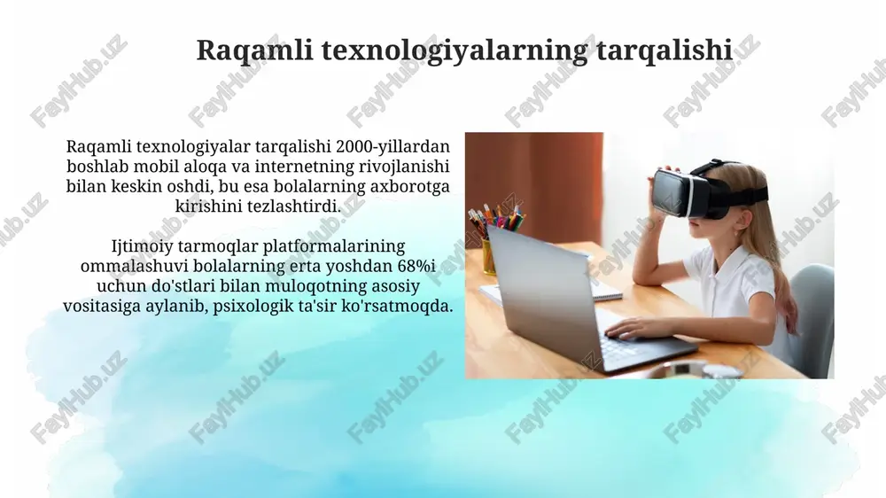 xonligi muhim, chunki 6-12 yoshdagi bolalar ko'pincha ota-onalardan ko'ra texnologiyani yaxshiroq bilishadi, bu esa xavfsizlikni ta'minlashni qiyinlashtiradi. oilaviy raqamli rejalashtirish, masalan, ekran vaqtini 2 soatgacha cheklash, bolalarning fikrlash qobiliyatini rivojlantirishga va erta yoshda haddan tashqari yuklanishni oldini olishga yordam beradi. maktablarning roli va raqamli ta'lim maktablar raqamli ta'lim resurslaridan (masalan, interaktiv doskalar, 3d modellar) foydalanib, 21-asr ko'nikmalarini rivojlantiradi va o'quv jarayonini qiziqarli qiladi. raqamli ta'lim maktablarda o'quvchilarga moslashuvchanlikni ta'minlaydi. masalan, shaxsiy o'rganish dasturlari orqali har bir bolaning o'ziga xos ehtiyojlariga javob beriladi. xulosa: muvozanatli yondashuv bolalarning miyasini shakllantirishda texnologiyalar 2-5 yoshda haddan tashqari ko'p foydalanilganda kognitiv rivojlanishda 30% gacha kechikishlarni keltirib chiqarishi mumkin. 6-12 yoshli bolalar uchun 1-2 soatlik cheklangan ekran vaqti 15% ko'proq ijodiy qobiliyatlarni rivojlantirishga yordam beradi hamda muvozanatni saqlash kerak. e'tiboringiz uchun rahmat image2.png image3.jpg image4.jpg image5.jpg image6.jpg image7.jpg image8.jpg image9.jpg image10.jpg image11.jpg image12.jpg image13.jpg image14.jpg image15.jpg image16.jpg image17.jpg image18.jpg image19.jpg image1.png