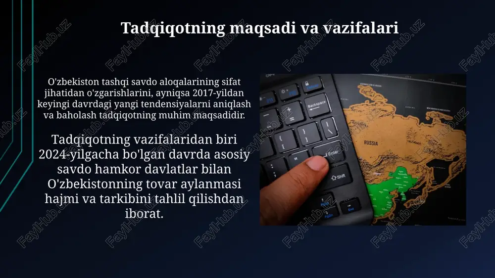 hilarga ta'sir qiladi. sifat o'zgarishlarining iqtisodiy o'sishga ta'siri sifat o'zgarishlari, masalan, eksport tarkibidagi diversifikatsiya, yuqori qo'shimcha qiymatli mahsulotlar ulushini oshirib, yalpi ichki mahsulot (yaim) o'sishini 2-3% ga tezlashtirishi mumkin. innovatsion texnologiyalarni joriy etish va investitsiyalarni rag'batlantirish orqali sifatiy o'zgarishlar mehnat unumdorligini 15-20% ga oshiradi, bu esa iqtisodiy o'sishning muhim omilidir. sifat o'zgarishlarining raqobatbardoshlikka ta'siri sifat o'zgarishlari eksport diversifikatsiyasini oshirib, 15% ga yuqori qo'shilgan qiymatli mahsulotlar ulushini ta'minlaydi va raqobatbardoshlikni kuchaytiradi. yangi texnologiyalarni joriy etish orqali mahsulot sifati 20% ga yaxshilanib, xalqaro bozorda o'zbekiston tovarlarining raqobatbardoshligini oshiradi. muammolar va istiqbollar logistika infratuzilmasining yetarli emasligi, ayniqsa transport xarajatlarining yuqoriligi eksport raqobatbardoshligiga salbiy ta'sir ko'rsatmoqda. bu muammo 2024-yilda hal etilishi kutilmoqda. sanoatning diversifikatsiyasi pastligi, asosan xomashyo eksportiga qaramlik tashqi savdoda barqarorlikni ta'minlashga to'sqinlik qiladi. istiqbolda qo'shilgan qiymat zanjiri yaratish muhim. xulosalar va tavsiyalar eksport diversifikatsiyasini oshirish maqsadida, 2024-2028 yillarda yuqori qo'shilgan qiymatli mahsulotlar ishlab chiqarishni rag'batlantirish orqali yangi bozorlarga chiqish imkoniyatlarini kengaytirish zarur. …
