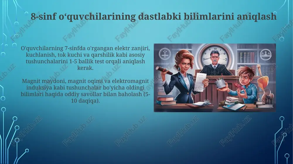 kinchi qonuniga oid sonli masalalarni yechishni o'z ichiga olishi kerak. uyga vazifa, shuningdek, o'tilgan materialning muhim nazariy tushunchalarini, masalan, elektrokimyoviy ekvivalentning ta'rifini 5-7 jumla bilan qamrab olishi kerak. xulosa va takliflar o'quv jarayonida faradayning ikkinchi qonunini o'qitishda 3 bosqichli metodni takomillashtirish orqali 90% o'quvchilarning tushunish darajasini oshirish mumkin. amaliy mashg'ulotlarda 1.5 voltli batareya, simlar va magnitlardan foydalanish orqali faraday qonunini namoyish etish orqali o'quvchilarning qiziqishini 2 barobarga oshiring. qoʻshimcha resurslar 8-sinf o'quvchilari uchun faradeyning 2-qonuniga oid qo'shimcha resurslar, jumladan 3-d to'plamlar va virtual laboratoriyalar mavjud bo'lib, ular tushunishni oshirish uchun mo'ljallangan. qo'shimcha resurslar o'quvchilarga 12 ta masalani o'z ichiga olgan savollar bankini va interaktiv simulyatsiyalarni taqdim etadi, bu esa faradey qonunini chuqurroq o'rganish imkonini beradi. e'tiboringiz uchun rahmat image4.jpg image5.jpg image6.jpg image7.jpg image8.jpg image9.jpg image10.jpg image11.jpg image12.jpg image13.jpg image14.jpg image15.jpg image16.jpg image17.jpg image18.jpg image19.jpg image20.jpg image1.png