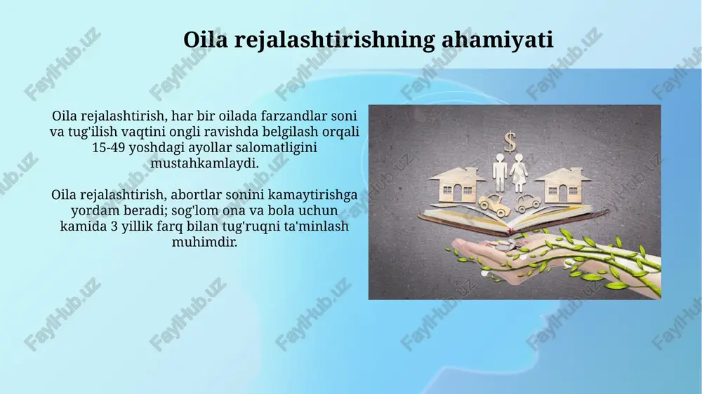 eproduktiv salomatlikni yaxshilashga yordam berdi. kelajakda o‘zbekiston oilani rejalashtirish dasturlarini zamonaviy kontratseptiv vositalar bilan ta’minlash, ayniqsa qishloq joylarda, reproduktiv huquqlarni kengaytirishga qaratishi lozim. xulosa va tavsiyalar oilani rejalashtirish siyosatini takomillashtirish uchun mavjud qonunchilik bazasini 2024-yilda modernizatsiya qilish, shu jumladan, reproduktiv salomatlik bo'yicha xizmatlarni kengaytirish zarur. 2025-yilgacha resurslarni taqsimlashda aniqlikni oshirish maqsadida mahalliy hokimiyat organlari bilan hamkorlikda oilani rejalashtirish dasturlari uchun moliyalashtirishning aniq mezonlarini ishlab chiqish kerak. e'tiboringiz uchun rahmat image3.jpg image4.jpg image5.jpg image6.jpg image7.jpg image8.jpg image9.jpg image10.jpg image11.jpg image12.jpg image13.jpg image14.jpg image15.jpg image16.jpg image17.jpg image1.png
