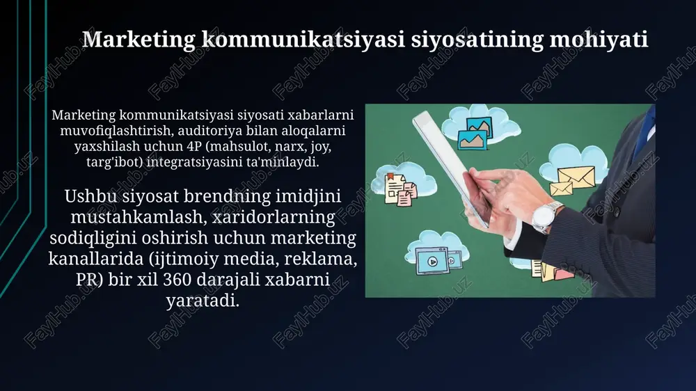 tsiyasini nazorat qilish marketing kommunikatsiyalarini nazorat qilish, 4p (mahsulot, narx, joy, reklama) va 7p (qo'shimcha 3p xizmat, odamlar, jarayon) strategiyalarini monitoring qilishni o'z ichiga oladi. nazorat, budjetni rejalashtirish va investitsiya daromadliligi (roi) ko'rsatkichlarini baholash orqali marketing xabarlarining samaradorligini oshirish maqsadini ko'zlaydi. kelajakdagi tendentsiyalar marketing kommunikatsiyalarida sun'iy intellekt (si) va mashinali o'rganish (mo)dan foydalanish ortadi, bu xaridorlarga shaxsiylashtirilgan tajribalarni yaratishga yordam beradi va 2024 yilda xarajatlar 30% ga oshishi mumkin. virtual va kengaytirilgan reallik (vr/ar) texnologiyalari 2025 yilga borib marketing sohasida keng qo'llaniladi, mahsulotlarni immersiv namoyish qilish va xaridorlarning jalb qilinishini 40% ga oshirish imkonini beradi. xulosa xulosa marketing strategiyasini baholashda asosiy rol o'ynaydi, bunda roi (investitsiya daromadliligi) va cpa (harakat uchun narx) kabi muhim ko'rsatkichlar 10% dan ortiq o'zgarishlarni aniqlashga yordam beradi. yaxshi xulosa marketing xabarlarining asosiy yo'nalishlarini qamrab oladi, masalan, auditoriyaga ta'sir etuvchi 3-5 ta asosiy fikrni, shu jumladan, 2 xil ta'sir usulini ko'rsatib beradi. e'tiboringiz uchun rahmat image2.jpg …