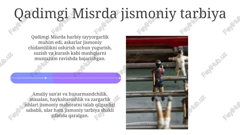 smoniy tarbiya qadimda ijtimoiy sinflar o'rtasida farqlanishga olib kelgan. aristokratlar jang san'ati va ot sporti bilan shug'ullangan, bu ularning ijtimoiy mavqeini mustahkamlagan. qadimgi gretsiyada olimpiya o'yinlari kabi tadbirlar shaharlar o'rtasida birlik va raqobatni kuchaytirgan. g'oliblar qahramon sifatida ulug'langan, bu esa ijtimoiy obro'ga ta'sir qilgan. xulosa qadimgi davrlarda jismoniy tarbiya va jismoniy madaniyat rivojlanishi hozirgi sog'lom turmush tarzi tushunchasining asosi bo'lib, 7000 yillik tarixga ega. sport mashqlari va o'yinlar, ayniqsa, miloddan avvalgi 3000 yilda misrda harbiy tayyorgarlik va xalq bayramlarida muhim rol o'ynagan. e'tiboringiz uchun rahmat image5.jpg image6.jpg image7.jpg image8.jpg image9.jpg image10.jpg image11.jpg image12.jpg image13.jpg image14.jpg image15.jpg image16.jpg image17.jpg image18.jpg image19.jpg image20.jpg image21.jpg image1.jpeg image2.jpeg image3.jpeg