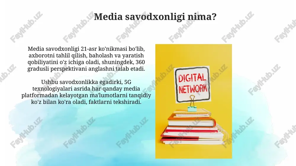 dezinformatsiyaga qarshi kurashuvchi loyihalar saylov jarayonlariga ta'sir o'tkazuvchi soxta xabarlarni aniqlashga yordam berdi. oav savodxonligi bo'yicha mashg'ulotlar, masalan, 6-sinf o'quvchilariga reklamalardagi manipulyatsiyalarni tahlil qilishni o'rgatib, tanqidiy fikrlashni rivojlantiradi. xulosa xulosa media savodxonligining 21-asr ta’limidagi o’rni, tanqidiy fikrlashni rivojlantirish va dezinformatsiyaga qarshi kurashishdagi ahamiyatini ta’kidlaydi. media savodxonligi bo’yicha o’qitishning samaradorligi 10-sinf o’quvchilarining tahliliy qobiliyatlarini 30% ga oshirishi mumkinligi statistik ma’lumotlarda ko’rsatilgan. e'tiboringiz uchun rahmat image3.jpg image4.jpg image5.jpg image6.jpg image7.jpg image8.jpg image9.jpg image10.jpg image11.jpg image12.jpg image13.jpg image14.jpg image15.jpg image16.jpg image17.jpg image18.jpg image19.jpg image1.png