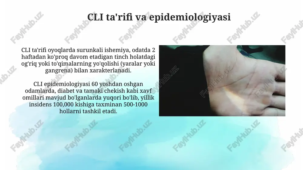 ajalarga nisbatan uzoq muddatli natijalarni beradi. davolash strategiyasini tanlash kasalning klinik holati, oyoqning ishemik darajasi (rutherford klassifikatsiyasi 4-6), va jarrohlik xavfini baholash davolash strategiyasini tanlashda muhim omillardir. angiografiya va doppler ultratovush tekshiruvlari arteriyalarning joylashuvi va torayish darajasini aniqlab, revascularizatsiya usulini (bypass, angioplastika) tanlashga yordam beradi. asoratlar asoratlar kritik oyoq ishemiyasining (koi) og'ir natijalaridir, oyoq-qo'lning yo'qolishiga olib kelishi mumkin. masalan, 5 yillik amputatsiya darajasi 25-40% gacha bo'lishi mumkin. koi tufayli oyoq-qo'llarning yo'qolishi bemorlarning hayot sifatiga sezilarli ta'sir qiladi, 5 yillik omon qolish ko'rsatkichi 50% dan pastroq, bu ko'plab saraton kasalliklaridan yomonroqdir. prognoz va uzoq muddatli monitoring cli boʻlgan bemorlarda 5 yillik omon qolish darajasi 50% atrofida boʻlib, yurak-qon tomir kasalliklari asosiy oʻlim sababi hisoblanadi. muntazam tekshiruvlar muhim. uzoq muddatli monitoring paytida oyoq-qoʻlning saqlanib qolish darajasi va hayot sifatini baholash kerak, bu esa 6-12 oyda bir marta instrumental tekshiruvlarni oʻz ichiga oladi. e'tiboringiz uchun rahmat image2.png image3.jpg image4.jpg image5.jpg image6.jpg image7.jpg image8.jpg …