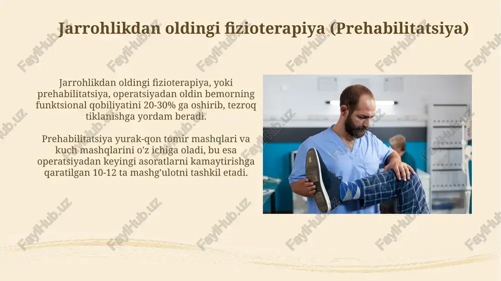 akrorlanadigan aniq mashqlarni o'z ichiga oladi, bunda har bir mashq bajarilganda bemorning holati doimiy ravishda nazorat qilinadi. fizioterapiya jamoasi va ko'p tarmoqli hamkorlik fizioterapiya jamoasi, odatda, 2-3 nafar fizioterapevt va yordamchi xodimlardan iborat bo'lib, ular operatsiyadan oldin va keyin bemorlarni reabilitatsiya qilish bo'yicha ixtisoslashgan. ko'p tarmoqli hamkorlik, jarrohlar, anesteziologlar va hamshiralar bilan birgalikda klinik protokollarni ishlab chiqishni o'z ichiga oladi, bu esa bemorning operatsiyadan keyingi tiklanishini optimallashtirishga qaratilgan. xulosa va kelajakdagi yo'nalishlar jarrohlikdan keyingi reabilitatsiyada telemeditsinaning o'rni 20% ga oshishi kutilmoqda, bu esa masofaviy nazorat va individual mashqlarni qo'llash imkonini beradi. kelajakdagi tadqiqotlar suyak-mushak tizimining funktsiyasini tiklash uchun biologik terapiya va regenerativ tibbiyotning samaradorligini 30% ga oshirishga qaratilishi kerak. e'tiboringiz uchun rahmat image3.jpg image4.jpg image5.jpg image6.jpg image7.jpg image8.jpg image9.jpg image10.jpg image11.jpg image12.jpg image13.jpg image14.jpg image15.jpg image16.jpg image17.jpg image18.jpg image19.jpg