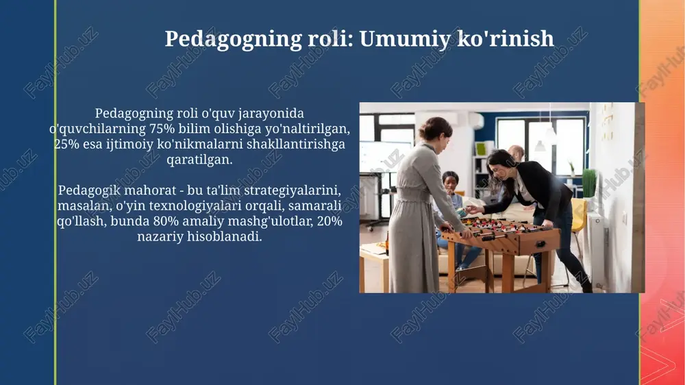 onlarini aniqlaydi, bu unga o'sish yo'lini ko'rsatadi. muvaffaqiyatli amaliyot namunalari o'qituvchi mashg'ulot jarayonida har bir bolaning qobiliyatini aniqlashi va individual yondashuv orqali ularga yordam berishi kerak, 80% muvaffaqiyat shundan. jamoa o'yinlarida o'qituvchi strategik maqsadlarni belgilab, o'quvchilarni 7 asosiy harakat texnikasiga o'rgatishi, natijada 90% holatda o'sish kuzatiladi. xulosa xulosa pedagogning o'yin faoliyatidagi roli uning nazariy bilimlarini amaliy ko'nikmalar bilan birlashtirgan holda 21-asr talablariga mos ravishda amalga oshirilishini ko'rsatadi. o'qituvchi pedagogik maqsadlarga erishish uchun balli o'yinlardan foydalanish usullarini, jumladan, moslashtirish va differentsiallash usullarini 80% samaradorlik bilan qo'llashi kerak. e'tiboringiz uchun rahmat image5.jpg image6.jpg image7.jpg image8.jpg image9.jpg image10.jpg image11.jpg image12.jpg image13.jpg image14.jpg image15.jpg image16.jpg image17.jpg image18.jpg image19.jpg image20.jpg image21.jpg image1.png image2.png