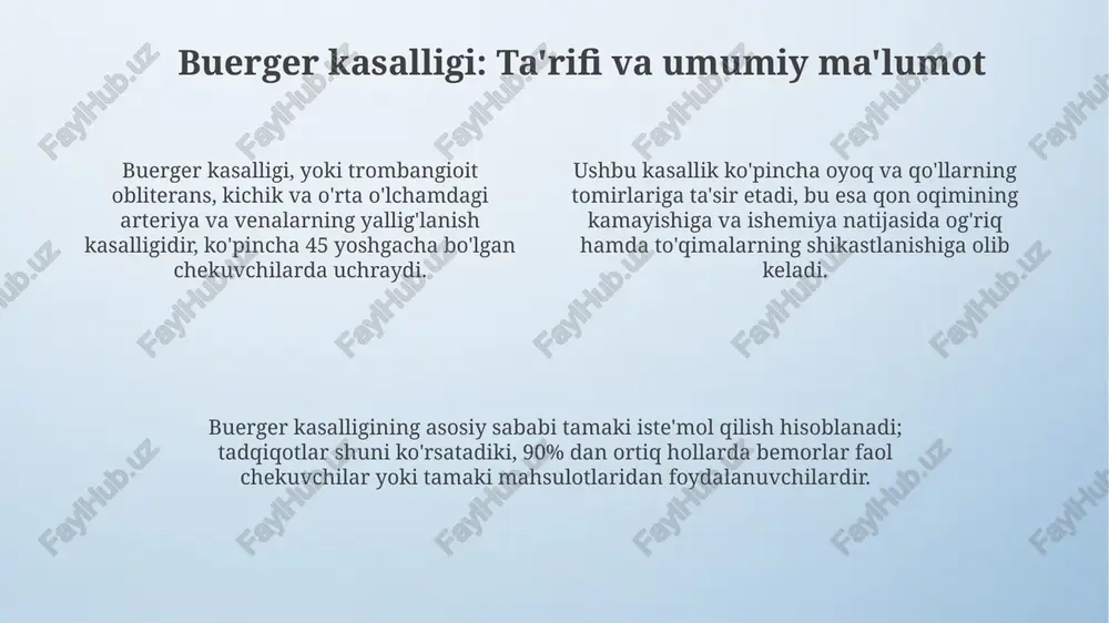 shi mumkin, bu esa 10% hollarda jiddiy muammo hisoblanadi. rayno kasalligi va byurger kasalligining og'ir holatlarida asoratlar sifatida periferik nervlarning shikastlanishi, ya'ni periferik neyropatiya kuzatilishi mumkin, bunda og'riq va sezuvchanlik yo'qoladi. byurger kasalligida asoratlar og'ir ishemiya tufayli oyoq-qo'llarni amputatsiya qilish zaruratini keltirib chiqarishi mumkin, ayniqsa, chekishni davom ettirgan bemorlarda bu xavf 50% gacha ortadi. prognoz har ikkala kasallikda prognozni baholash uchun tibbiy ko'rik, qon tomirlarini tekshirish va kasallikning og'irligi kabi 15-25 ta omil hisobga olinadi. reyno kasalligining prognozi ko'pincha yaxshi, ayniqsa, agar birlamchi bo'lsa; 30-40% hollarda simptomlar vaqt o'tishi bilan kamayishi mumkin. buerger kasalligining prognozi tamakini chekishni to'xtatishga bog'liq; chekishni davom ettirish, 7-10 yil ichida oyoq-qo'llarning amputatsiyasiga olib kelishi mumkin. profilaktika rayno kasalligi va buerger kasalligining profilaktikasi uchun tamakidan butunlay voz kechish, qon tomirlarini toraytiruvchi ta'sirga ega nikotin ta'sirini bartaraf etish juda muhimdir. sovuqdan himoyalanish, ayniqsa qo'llar va oyoqlarni issiq tutish, rayno va buerger kasalliklarining oldini olishda muhim ahamiyatga ega, …