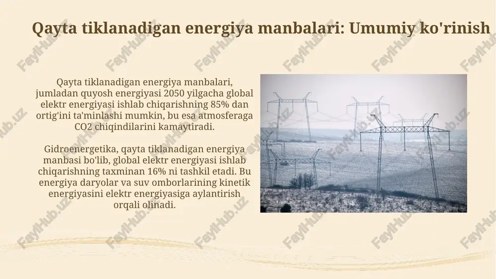 missiyasini kamaytirishi mumkin. energiya samaradorligi: kamroq bilan ko'proq energiya samaradorligi 20% ga oshishi sanoat xarajatlarini kamaytiradi hamda chiqindilarni 15% ga kamaytirib, uglerod izini sezilarli darajada qisqartirish imkonini beradi. energiya sarfini monitoring qilish uchun zamonaviy sensorlar va ma'lumotlar tahlili 10% dan 30% gacha aniq samaradorlikni aniqlashga yordam beradi, bu esa tejamkorlikni optimallashtiradi. siyosat va tartibga solish: energiya o'tishini qo'llab-quvvatlash energiya o'tishini qo'llab-quvvatlash uchun hukumatlar subsidiyalarni, soliq imtiyozlarini va 2030-yilgacha qayta tiklanadigan energiya manbalariga sarmoyalarni rag'batlantiruvchi siyosatlarni ishlab chiqishi kerak. tartibga solish elektr tarmog'ining barqarorligini ta'minlash uchun juda muhimdir, chunki qayta tiklanadigan energiya manbalari o'zgaruvchan va barqaror bo'lmagan 2025-yilgacha energiyani ishlab chiqaradi. iqtisodiy jihatlar: zamonaviy energiya manbalarining narxi qayta tiklanadigan energiya manbalari, masalan, quyosh va shamol, dastlabki sarmoya yuqori bo'lishiga qaramay, 20-30 yil davomida operatsion xarajatlari pastligi sababli raqobatbardosh bo'lishi mumkin. yadro energiyasi, yuqori qurilish xarajatlariga ega bo'lsada, bir megavatt soat (mvt/soat) uchun 30-50 aqsh dollariga baholanadi va bu, uzoq muddatli barqaror …