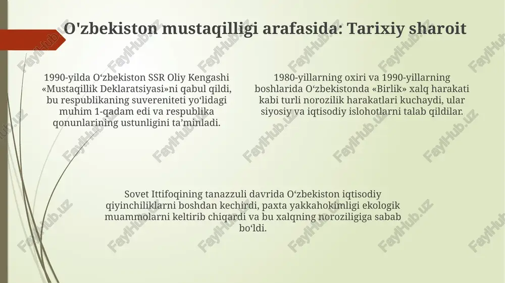 aziyatni shakllantirdi va mintaqaviy hamkorlikning rivojlanishiga turtki berdi. xulosa, o'zbekistonning mustaqilligi milliy o'zlikni anglash, qadriyatlarni tiklash va 130 yildan ortiq mustamlaka davridan keyin davlat qurilishini belgiladi. xulosa, 1991-yil 1-sentabrdagi mustaqillik e'lon qilinishi 70 yillik sovet davrining yakuni va yangi, suveren davlatning boshlanishi bo'ldi. e'tiboringiz uchun rahmat