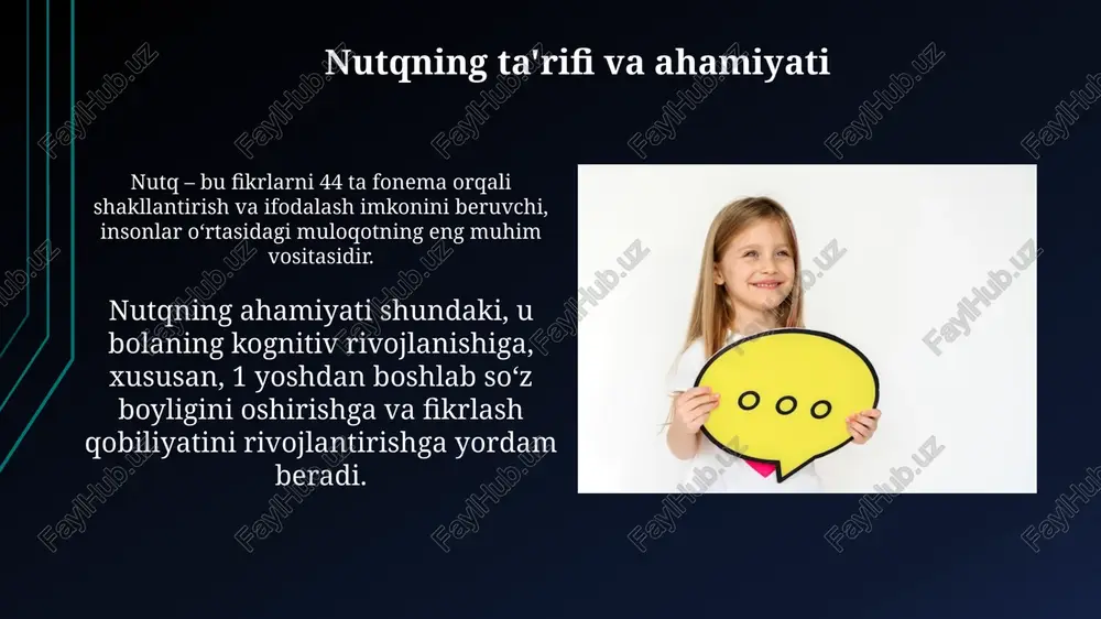 aning til ko'nikmalari aniqlanadi, grammatik qoidalar qanchalik to'g'ri qo'llanilishi tekshiriladi. diagnostika jarayoni nutq buzilishining sabablarini aniqlashga qaratilgan, bunda 3 yoshgacha bo'lgan bolalarda nutq rivojlanishidagi kechikishlar hamda 5 yoshdan katta bolalardagi nuqsonlar tekshiriladi. xulosa nutqning shakllanishi 0 yoshdan 5 yoshgacha bo'lgan davrda sezilarli o'zgarishlarga duch keladi, fonetik, leksik va grammatik rivojlanishning progressiv bosqichlarini aks ettiradi. bolaning nutq rivojlanishi 12 oylikdan boshlab birinchi so'zlarni talaffuz qilish, 2 yoshda oddiy gaplarni tuzish va 3 yoshga kelib murakkabroq grammatik tuzilmalarni o'zlashtirishni o'z ichiga oladi. e'tiboringiz uchun rahmat image2.jpg image3.jpg image4.jpg image5.jpg image6.jpg image7.jpg image8.jpg image9.jpg image10.jpg image11.jpg image12.jpg image13.jpg image14.jpg image15.jpg image16.jpg image17.jpg image18.jpg