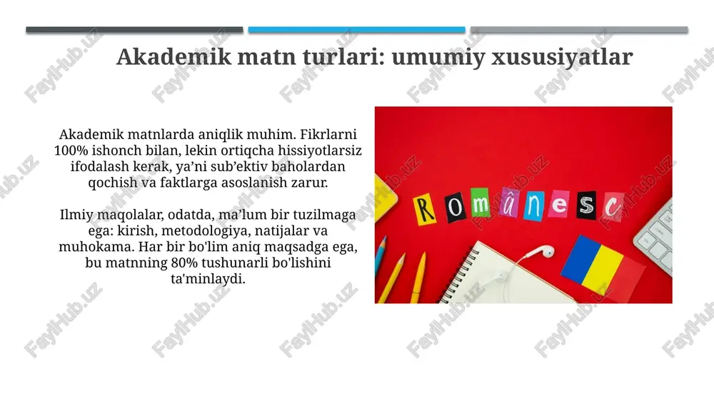 asalan, tadqiqot maqolasi norasmiy blog postidan koʻra ancha rasmiyroq ohangda yoziladi, aniqlik uchun 4-5 fakt ishlatiladi. xulosa “xulosa” akademik matnning yakuniy qismidir, unda tadqiqot savollariga javoblar 1-2 ta asosiy dalilga tayanib, qisqa va aniq tarzda umumlashtiriladi. ilmiy ishning “xulosa” qismi 3 ta asosiy elementni o‘z ichiga oladi: natijalarni taqdim etish, tadqiqotning ahamiyatini baholash va kelgusi tadqiqotlar uchun 1-2 ta tavsiya. e'tiboringiz uchun rahmat image2.jpg image3.jpg image4.jpg image5.jpg image6.jpg image7.jpg image8.jpg image9.jpg image10.jpg image11.jpg image12.jpg image13.jpg image14.jpg image15.jpg image16.jpg image17.jpg image18.jpg