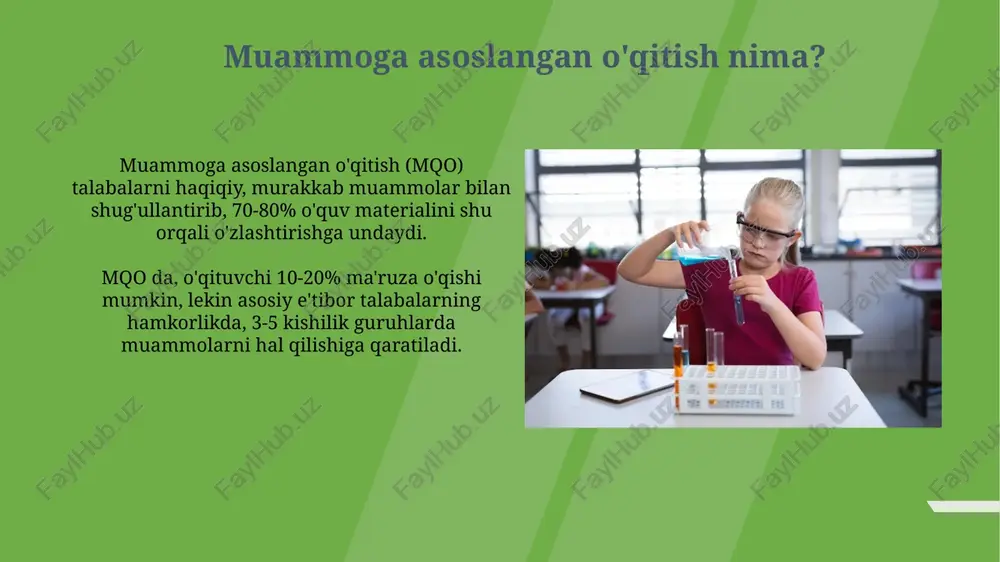 di. muammoga asoslangan o'qitishni joriy etish bo'yicha maslahatlar o'quvchilarga real hayotdagi muammolarni berish orqali, ularning 10-15 daqiqa davomida kichik guruhlarda yechim izlashlariga imkon bering, bu tanqidiy fikrlashni rivojlantiradi. muammolarni tanlashda o'quvchilarning oldingi bilimlari bilan bog'liqligini ta'minlang, lekin ularni 2-3 yangi tushunchalarni o'rganishga undaydigan darajada qiyin bo'lsin. xulosa xulosa darsning asosiy jihatlarini jamlaydi va o'quvchilarning tushunishini mustahkamlaydi, 3-5 daqiqa davom etadigan muhim konsepsiyalarni qayta ko'rib chiqish orqali erishiladi. yaxshi xulosa o'quvchilarga 7-10 ta asosiy topilmalarni eslab qolishga yordam beradi, bu esa keyingi o'rganish va qo'llash uchun muhim poydevor bo'lib xizmat qiladi. e'tiboringiz uchun rahmat image2.jpg image3.jpg image4.jpg image5.jpg image6.jpg image7.jpg image8.jpg image9.jpg image10.jpg image11.jpg image12.jpg image13.jpg image14.jpg image15.jpg image16.jpg image17.jpg image18.jpg