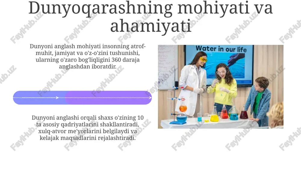tlar (30%), laboratoriya ishlarini baholash (40%) va 20 daqiqalik taqdimotlar (30%) kabi komponentlar mavjuddir. baholash mezonlari talabalarning biologik tushunchalarini 70% aniqlik bilan namoyish etishini, amaliy ko'nikmalarni 80% bajarishini va 90% faollik ko'rsatishini o'z ichiga oladi. o'qituvchining roli va mas'uliyati o'qituvchi biologiya fanida ilmiy dunyoqarashni shakllantirishda, faktlar va nazariyalarni 21-asr ko'nikmalari orqali tushuntirish uchun javobgardir. o'qituvchi, talabalarga evolyutsiya, ekologiya va genetikaga oid axloqiy dilemmalarni tanqidiy baholashga, sog'lom dunyoqarashni shakllantirishga ko'maklashishi kerak. xulosa xulosa darsning 5-10 daqiqasini oladi, unda oʻqituvchi asosiy gʻoyalarni jamlaydi va oʻquvchilarga oʻz fikrlashini shakllantirish uchun platforma beradi. biologiya darsida, xulosa 3 muhim mavzuni birlashtirishi kerak: ilmiy faktlar, axloqiy dilemmalar va 21-asr ko'nikmalari, dunyoqarashni rivojlantirish uchun. e'tiboringiz uchun rahmat image4.png image5.jpg image6.jpg image7.jpg image8.jpg image9.jpg image10.jpg image11.jpg image12.jpg image13.jpg image14.jpg image15.jpg image16.jpg image17.jpg image18.jpg image19.jpg image20.jpg image21.jpg image1.jpeg image2.jpeg image3.jpeg