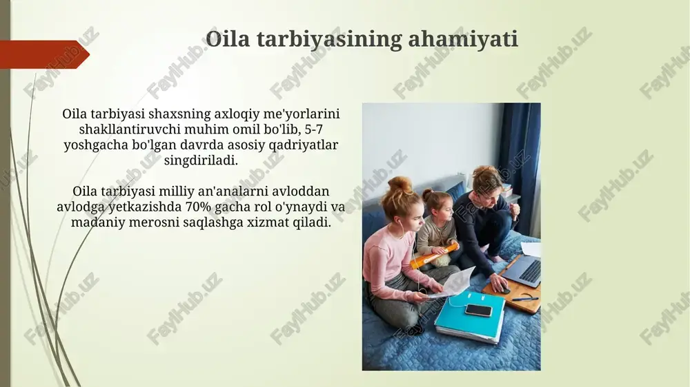 ishi va stressni boshqarish qobiliyatini rivojlantiradi. xulosa va tavsiyalar xulosa qismida oilaviy tarbiyaning 10 asosiy tamoyilini jamlash, kelajak avlodlar uchun 5 muhim saboqni ta'kidlash orqali uni mustahkamlash lozim. tavsiyalarda ota-onalarga 3 ta amaliy maslahat berish, davlat siyosatida oilani qo'llab-quvvatlash uchun 2 ta yangi tashabbusni ilgari surish maqsadga muvofiq. e'tiboringiz uchun rahmat image1.png image2.jpg image3.jpg image4.jpg image5.jpg image6.jpg image7.jpg image8.jpg image9.jpg image10.jpg image11.jpg image12.jpg image13.jpg image14.jpg image15.jpg image16.jpg image17.jpg image18.jpg