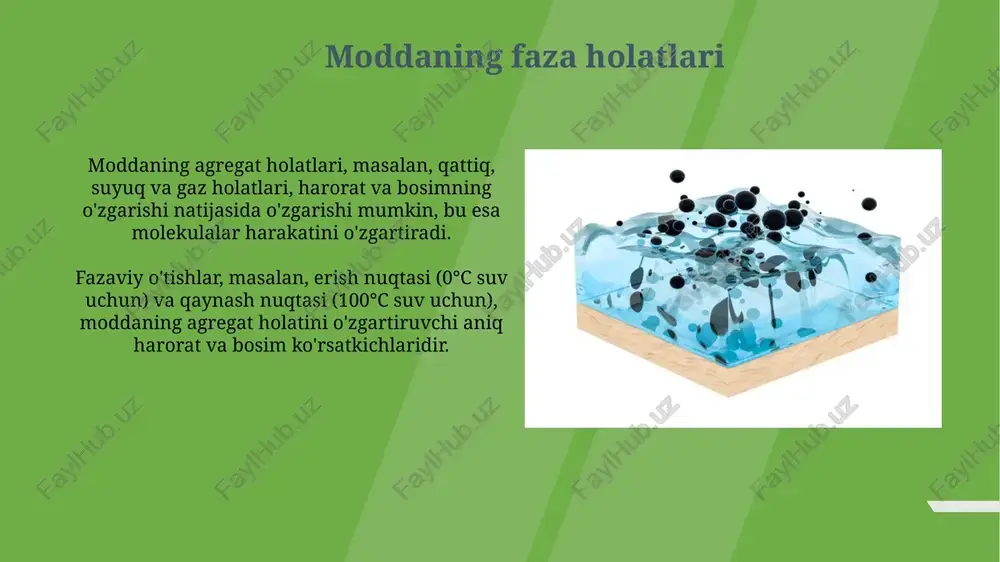 da suyuq faza bosqichini chetlab o'tib, to'g'ridan-to'g'ri gazga aylanadi. bu sharoitlarda entropiya kamayadi. uch nuqta va kritik nuqta uch nuqta - bu modda uchta fazasi (qattiq, suyuq, gaz) termodinamik muvozanatda mavjud bo'lgan noyob harorat va bosim nuqtasi; masalan, suv uchun 273.16 k va 611.657 pa. kritik nuqta suyuqlik va gaz fazalari o'rtasidagi chegara yo'q bo'lib ketadigan harorat va bosimni ifodalaydi; undan o'tib ketish superkritik suyuqlikka olib keladi, masalan, suvda bu taxminan 647.096 k va 22.064 mpa. agregat va faza holatlarining qo'llanilishi qattiq agregat holatidagi metallar qurilishda keng qoʻllaniladi, masalan, poʻlat koʻpriklar va binolarning mustahkamligini taʼminlaydi, chunki ularning yuqori elastiklik moduli (200 gpa) muhim rol oʻynaydi. suyuq agregat holatidagi suv sovutish tizimlarida issiqlikni samarali oʻtkazuvchanligi (0.6 w/mk) tufayli ishlatiladi, bu dvigatellar va elektr stansiyalari kabi uskunalarning optimal haroratini saqlashga yordam beradi. e'tiboringiz uchun rahmat image2.jpg image3.jpg image4.jpg image5.jpg image6.jpg image7.jpg image8.jpg image9.jpg image10.jpg image11.jpg image12.jpg image13.jpg image14.jpg image15.jpg image16.jpg image17.jpg image18.jpg