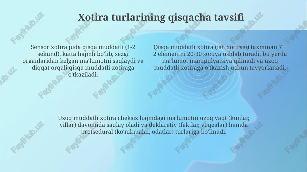 % ga kamayadi, lekin protseduraviy xotira saqlanib qoladi. traumatik voqealarga individual sezuvchanlik flashbulb xotiralarni shakllantirishga ta'sir etadi, bunda 90% gacha odamlar voqeani batafsil eslay olishadi. xotira buzilishlariga individual sezuvchanlikning genetik omillari ta'sir qiladi, masalan, apoe4 alleli alzheimer kasalligi xavfini 3-15 barobar oshiradi. ta'lim va tajribaning xotiraga ta'siri formal ta'lim olgan shaxslar, ta'lim olmaganlarga nisbatan 15% yuqori verbal va vizual xotira ko'rsatkichlariga ega bo'lishi mumkin, bu esa kognitiv zaxirani oshirish va bog'lanishlarni mustahkamlash bilan bog'liq. ta'lim, ayniqsa, mnemonika texnikalarini o'zlashtirish, xotira sig'imini 20% dan 50% gacha oshirishi mumkin, chunki u kodlash va tiklash strategiyalarini optimallashtiradi. tajriba, ayniqsa, ma'lum sohada 10000 soatlik mashq bilan erishilgan tajriba, xotira vakolatlarini 30% gacha yaxshilaydi, avtomatlashtirish va bilim tuzilmalarini rivojlantirish hisobiga. xotiradagi individual farqlarni o'rganish usullari erkin eslash testlari, masalan, 15 ta so'zni eslab qolish, xotira hajmini o'lchash va individual farqlarni aniqlash uchun ishlatiladi; qayta tiklash tartibi ham hisobga olinadi. tanib olish testlari, jumladan eski va …