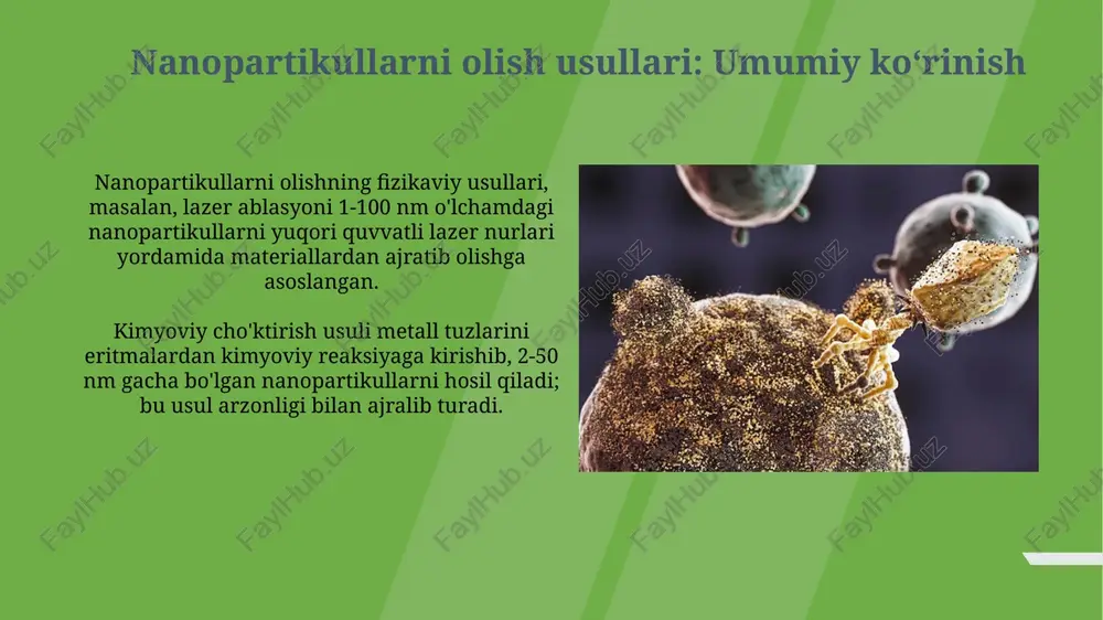 angan. bu usul molekulalarning amfifillik xususiyatidan foydalanadi, ya'ni ularning qutbli va qutbsiz qismlari mavjudligi, bu ularga suv yuzasida barqaror qatlam hosil qilish imkonini beradi. nanopartikullarni karakterlash zarrachalar o'lchamini aniqlashda dinamik yorug'lik sochilish (dls) keng qo'llaniladi, bu braun harakatidan kelib chiqqan yorug'lik intensivligining tebranishlarini tahlil qilish orqali 1 nm dan 10 mikrongacha zarrachalarni o'lchaydi. transmissiya elektron mikroskopiyasi (tem) 0.1 nm gacha yuqori aniqlikdagi nanozarrachalarning tasvirlarini taqdim etadi, bu esa zarrachalarning shakli, o'lchami va kristall tuzilishini bevosita baholash imkoniyatini beradi. xulosa xulosa nanohissachalarni olish usullari bo'yicha olib borilgan tadqiqotlar va tajribalarning muhim natijalarini qamrab oladi, 10-9 metrdagi o'lchamlarga e'tibor beradi. yakuniy qismda 1-300 nm oralig'idagi nanohissachalarni sintez qilishning kimyoviy, fizikaviy va biologik usullarining afzalliklari hamda kamchiliklari ko'rsatib o'tilishi zarur. e'tiboringiz uchun rahmat image2.jpg image3.jpg image4.jpg image5.jpg image6.jpg image7.jpg image8.jpg image9.jpg image10.jpg image11.jpg image12.jpg image13.jpg image14.jpg image15.jpg image16.jpg image17.jpg image18.jpg
