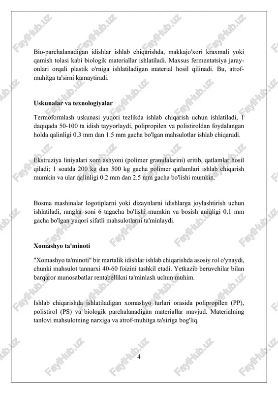 va investitsiyalar ishlab chiqarishni boshlash uchun kamida 500 million so'm investitsiya talab etiladi, bu xomashyo xarajatlari va uskunalar sotib olishni qoplaydi. moliyaviy rejada mahsulot tannarxini 25 foizga kamaytirish maqsadida xarajatlarni optimallashtirish strategiyalari ko'rsatilgan. biznes-reja 3 yillik daromad prognozini o'z ichiga oladi, unga ko'ra yillik o'sish sur'ati kamida 15 foizni tashkil qiladi. xarajatlar va daromadlilik tahlili xarajatlar tahlili xom ashyo (masalan, pulpa, plastmassa) narxini, ishlab chiqarish xarajatlarini (ish haqi, energiya), transport va marketing xarajatlarini baholaydi. daromadlilik tahlili sotish hajmi va narxlaridan kelib chiqib, yalpi foyda marjasini, operatsion foydani va sof foyda marjasini hisoblab, rentabellikni o'rganadi. ishlab chiqarish hajmining o'zgarishi xarajatlar va daromadlilikka ta'sirini tahlil qilish uchun sinish nuqtasi (break-even point) nuqtasi tahlili o'tkaziladi. xavflarni baholash va boshqarish xavflarni baholashda 1 dan 5 gacha bo'lgan shkala bo'yicha ehtimollik va ta'sirni aniqlash, jami 25 xil xavf darajasini aniqlash imkonini beradi. xavflarni boshqarish strategiyalari xavfni kamaytirish, xavfni o'tkazish (sug'urta kabi), xavfdan qochish va xavfni …