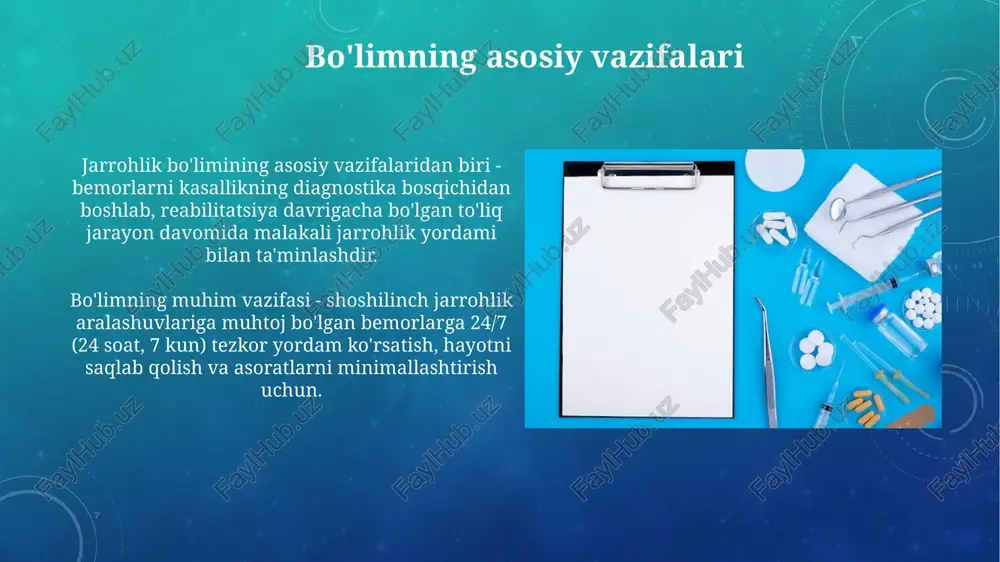 ri tashkil etiladi, bunda yangi jarrohlik texnikalari va protokollarini o'rganishga e'tibor qaratiladi. har bir jarroh kamida 2 yilda bir marta 72 soatlik malaka oshirish kurslarida qatnashishi shart, bu kurslarda minimal invaziv jarrohlik usullari chuqur o'rganiladi. sifat nazorati va xavfsizlik sifat nazorati jarrohlikda infeksiyalarning oldini olish boʻyicha standart operatsion tartib-qoidalar (sop)ga 100% rioya etilishini ta’minlaydi. xavfsizlikni ta’minlash uchun xodimlarni radiatsion xavfsizlik boʻyicha kamida har 12 oyda oʻqitish, himoya vositalaridan foydalanishni oʻrgatish zarur. bo'limning boshqa bo'limlar bilan aloqasi jarrohlik bo'limi diagnostika uchun radiologiya bo'limi bilan uzviy bog'liq bo'lib, kt va mri skanerlash natijalarini operatsiya rejasini tuzishda muhim ahamiyatga ega, aniqlik 95% gacha. patologiya bo'limi bilan hamkorlik to'qimalarning gistologik tahlilini ta'minlaydi, bu esa o'sma turi va tarqalish darajasini aniqlashda 99% aniqlik beradi va davolash strategiyasini belgilaydi. e'tiboringiz uchun rahmat image2.png image5.jpg image6.jpg image7.jpg image8.jpg image9.jpg image10.jpg image11.jpg image12.jpg image13.jpg image14.jpg image15.jpg image16.jpg image17.jpg image18.jpg image19.jpg image20.jpg image21.jpg