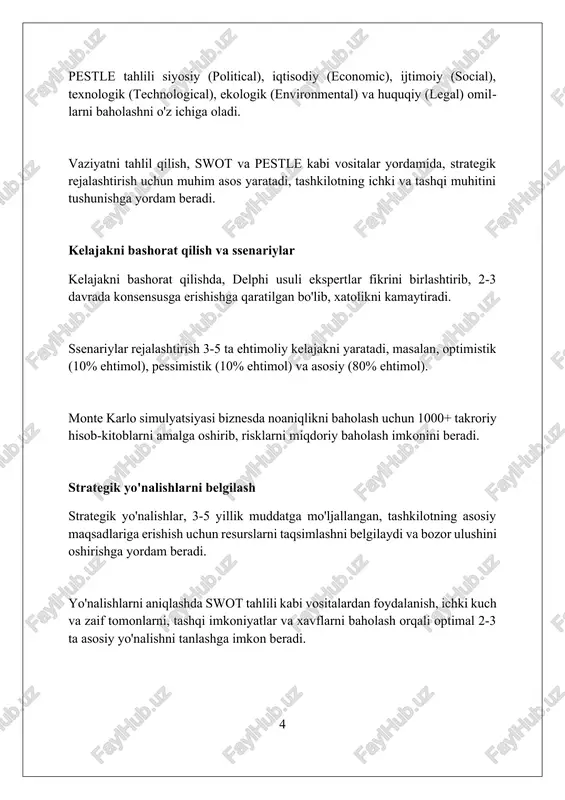 imallashtirish kerak, masalan, onlayn savdo hajmini 15% ga oshirish orqali umumiy daromadni 5% ga ko'paytirish mumkin. tashkiliy tuzilma va boshqaruv tashkiliy tuzilma 3 ta asosiy elementni o'z ichiga oladi: ixtisoslashuv, bo'limlashtirish va muvofiqlashtirish; ular resurslarni samarali taqsimlashda muhim rol o'ynaydi. boshqaruv tizimining 4 ta asosiy vazifasi mavjud: rejalashtirish, tashkil etish, boshqarish va nazorat; ular maqsadlarga erishish uchun resurslardan optimal foydalanishni ta'minlaydi. markazlashgan boshqaruvda 80% qarorlar yuqori lavozimli shaxslar tomonidan qabul qilinadi, bu esa tezkorlikni oshiradi, lekin moslashuvchanlikni kamaytiradi. risklarni boshqarish riskni boshqarish rejasi 5 bosqichdan iborat bo'lib, identifikatsiya, tahlil, rejalashtirish, monitoring va nazorat orqali xavflarni minimallashtirishga qaratilgan kompleks jarayondir. enterprise risk management (erm) tizimi iso 31000 standartiga mos kelishi kerak, bu tashkilotning maqsadlariga erishish uchun xavflarni integratsiyalashgan tarzda boshqarishni ta'minlaydi. xavfni baholashda ehtimollik va ta'sir matritsasi (3x3 yoki 5x5) ishlatiladi, bu esa xavflarni ustuvorlikka ko'ra tartiblash va resurslarni samarali taqsimlash imkonini beradi. monitoring va baholash monitoring va baholash erta ogohlantirish …