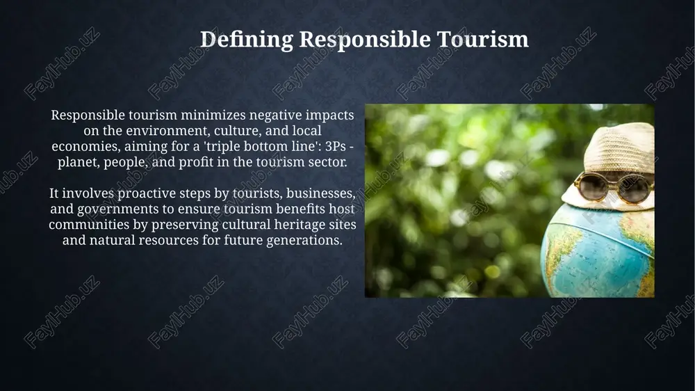 nation', ensures that 96% of its municipal wastewater undergoes treatment. the country promotes local sourcing, reducing its carbon footprint. challenges and barriers to sustainability lack of standardized metrics and 3rd party certification for sustainable practices makes it difficult to objectively assess tourism operations' environmental impact and prevent 'greenwashing'. short-term economic goals often prioritize immediate profit over long-term sustainability, leading to resource depletion and environmental degradation from excessive tourism activities, like overfishing. the future of responsible tourism technology, like ai-powered platforms, will personalize sustainable travel options, offering itineraries that minimize environmental impact by 30% and maximize positive community contributions. regenerative tourism practices, aiming for net-positive environmental and social impacts, will gain prominence, requiring businesses to actively improve destinations by at least 25% each year. call to action: promoting sustainable practices encourage tourists to offset their carbon emissions by investing in certified projects like reforestation, aiming for a reduction of 15% in …