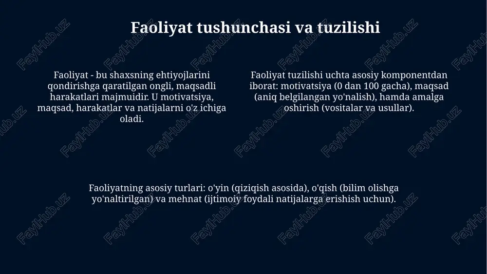 yuqori natijaviylik samaradorlikni kafolatlamaydi, masalan, maqsadga erishish uchun ko'p resurs sarflash mumkin. faoliyatning natijaviyligi maqsadga erishish darajasini ko'rsatadi, masalan, rejalashtirilgan 10 ta vazifadan 8 tasi bajarilsa, natijaviylik 80% bo'ladi. samaradorlik resurslardan oqilona foydalanishni anglatadi; kam xarajat bilan yuqori natijaga erishish, misol uchun, 100 so'm sarflab 150 so'mlik foyda olish. faoliyatda qiyinchiliklar va to'siqlar faoliyatdagi qiyinchiliklar, obyektiv to'siqlar bilan bog'liq bo'lishi mumkin. masalan, resurslarning yetishmasligi (70% holatda), vaqt cheklanishi (taxminan 24 soat) va noaniq vazifalar, samaradorlikni 30% ga kamaytirishi mumkin. subyektiv qiyinchiliklar shaxsning o'ziga bog'liq. motivatsiyaning yo'qligi (1 dan 10 gacha shkala bo'yicha 5 dan past), shubhalar, o'ziga ishonchsizlik, bu holatda muvaffaqiyat ehtimoli 25% gacha tushishi mumkin. psixologik to'siqlar, shaxsiy qo'rquvlar yoki qadriyatlar bilan bog'liqdir. noto'g'ri qaror qabul qilish qo'rquvi (75% hollarda), ijtimoiy bosim (har 5 kishidan 3 tasi) yoki axloqiy dilemmalar faoliyatni to'xtatib qo'yishi mumkin. faoliyatni tahlil qilish usullari faoliyatni tahlil qilish usullaridan biri xronometraj bo'lib, unda har bir operatsiyaga …
