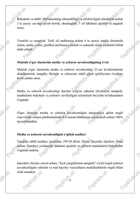 qilishga imkon beradi. kutubxonalar va arxivlar tadqiqotlar uchun muhim resurslar hisoblanadi. ularda faktlarni tekshirish va baholash ko'nikmalarini rivojlantirish uchun keng qamrovli ma'lumotlar, hujjatlar mavjud. muammolar va yechimlar o'quv dasturida mediya va axborot savodxonligining yo'qligi talabalarning 21-asr ko'nikmalarini, jumladan, tanqidiy fikrlash va raqamli baholashni rivojlantirishga to'sqinlik qiladi. noto'g'ri ma'lumotni aniqlash uchun mos vositalar va resurslarning yetishmasligi talabalarni soxta yangiliklar va manipulyativ kontentga qarshi zaiflashtiradi, bu esa 75% gacha ta'sir qilishi mumkin. media va axborot savodxonligini integratsiya qilishning murakkabligi o'qituvchilarning malakasini oshirishni talab qiladi, bu esa 6 oylik trening dasturlari va maxsus resurslarni o'z ichiga olishi mumkin. muvaffaqiyatli loyihalar va misollar "yosh kitobxon" respublika tanlovi, 5 bosqichdan iborat bo'lib, 10 mingdan ortiq o'quvchi ishtirok etdi, o'qish madaniyatini oshirishga qaratilgan muvaffaqiyatli loyiha bo'ldi. "zakovat" intellektual o'yini maktab ligasi, 600 dan ziyod jamoani birlashtirib, tanqidiy fikrlash va jamoaviy ishlash ko'nikmalarini rivojlantirganligi bilan e'tiborga loyiq. "bir million dasturchi" loyihasi, 14-25 yoshdagi 200 mingdan ortiq o'quvchiga …