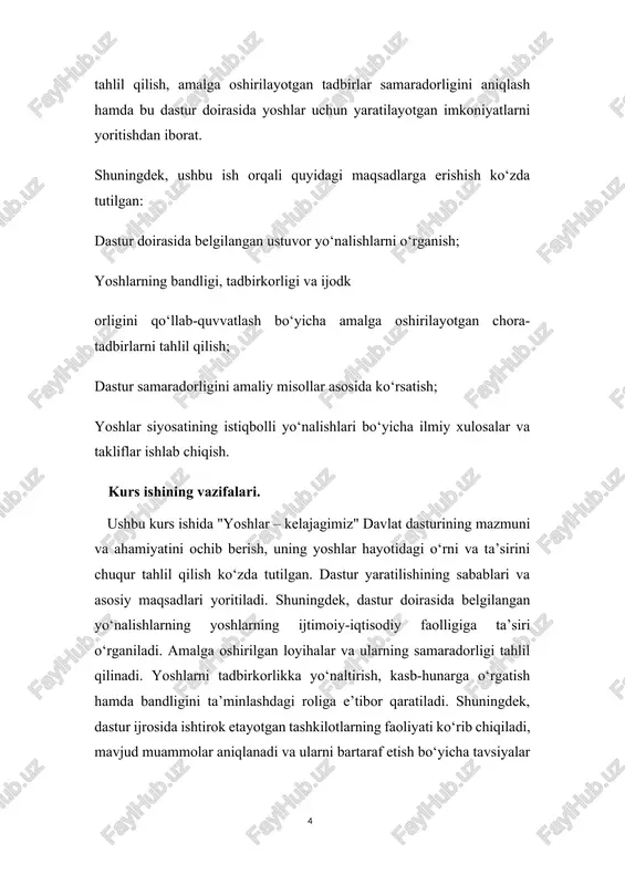 tdan iborat. “yoshlar – kelajagimiz” dasturining yaratilish sabablari va huquqiy asosi har qanday davlatning kelajagi o‘sha mamlakat yoshlari bilan chambarchas bog‘liq. yosh avlodning bilim darajasi, kasb-hunarga bo‘lgan qiziqishi, mehnatga munosabati, ijtimoiy faolligi va intellektual salohiyati mamlakatning taraqqiyotida hal qiluvchi o‘rin tutadi. shu sababli, dunyoning ko‘plab rivojlangan davlatlarida yoshlar siyosati ustuvor yo‘nalishlardan biri hisoblanadi. o‘zbekiston respublikasi ham mustaqillikka erishgan ilk yillardan boshlab yoshlarni qo‘llab-quvvatlashni davlat siyosatining ustuvor yo‘nalishi sifatida belgilab oldi. bu borada amalga oshirilgan islohotlar, qabul qilingan qonunlar va dasturlar mamlakat yoshlari uchun keng imkoniyatlar eshigini ochdi. shu jumladan, 2018-yilda prezident shavkat mirziyoyev tashabbusi bilan ishlab chiqilgan va hayotga tatbiq etilgan “yoshlar – kelajagimiz” davlat dasturi yoshlar siyosatini sifat jihatidan yangi bosqichga olib chiqdi. ushbu dastur zamirida yoshlarning nafaqat ijtimoiy himoyasi, balki ularning iqtisodiy mustaqilligini ta’minlash, zamonaviy kasblarni egallashiga shart-sharoit yaratish, tadbirkorlikka jalb etish, yoshlar bandligini hal qilish kabi muhim masalalar yotadi. dastur yaratilishining ijtimoiy-iqtisodiy sabablari o‘zbekiston yoshlari soni bo‘yicha …