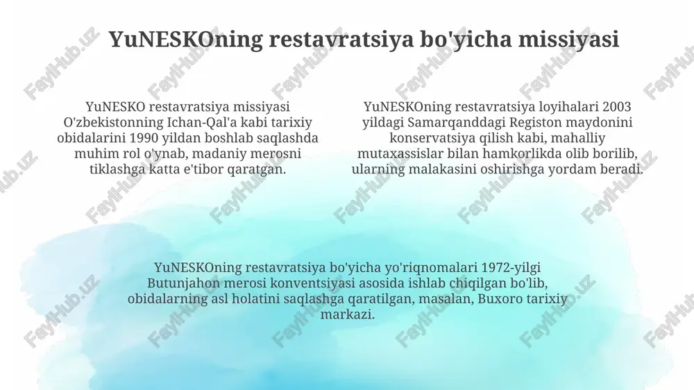 shini ta'minladi. murakkabliklar va muammolar mahalliy aholining aralashuvi va ularning meros ob'ektlariga nisbatan turlicha qarashlari, unesconing universal qiymat standartlariga muvofiq restavratsiya loyihalarini amalga oshirishda 21-asrda murakkabliklar tug'diradi. moliyalashtirishning yetishmasligi tufayli, asl materiallarni qo'llash qiyinlashadi, bu esa 20-asrda foydalanilgan texnikalar bilan tarixiy to'qimalarning buzilishiga olib kelishi mumkin. siyosiy beqarorlik va urushlar tufayli meros ob'ektlariga kirish cheklanishi, ularning holatini baholash va 1994-yildagi madaniy merosni muhofaza qilish konventsiyasiga rioya qilishni qiyinlashtiradi. moliyalashtirish va qo'llab-quvvatlash moliyalashtirishning 15 foizi davlat budjetidan, 35 foizi xalqaro donorlar orqali va qolgan 50 foizi tadbirkorlik subyektlari tomonidan amalga oshirilishi rejalashtirilgan. qo'llab-quvvatlash dasturi 2024-2028 yillarni qamrab oladi va har yili 10 ta loyihani moliyalashtirishni maqsad qiladi, shu bilan birga mahalliy xodimlarni o'qitishga e'tibor qaratiladi. unesconing madaniy merosni himoya qilish konventsiyasi asosida, 3 million aqsh dollari miqdorida mablag' ajratilib, restavratsiya ishlarini jadallashtirish va sifatini oshirishga yo'naltiriladi. texnologiya va innovatsiyalar "texnologiya va innovatsiyalar" ilmiy-texnikaviy axborotni tarqatishning innovatsion usullarini, masalan, vebinarlar va onlayn …