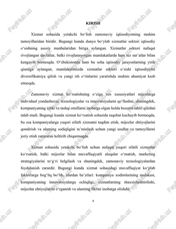 shiy xizmatlar, madaniyat, san’at, huquqiy xizmatlar va boshqalar. ushbu xizmatlarning barchasi bevosita inson ehtiyojlarini qondirishga qaratilgan bo‘lib, iqtisodiy tizimda samarali ishlash uchun zarur infratuzilmalarni shakllantiradi. xizmatlar sohasi bir nechta asosiy xususiyatlarga ega. avvalo, bu faoliyat natijasi ko‘pincha moddiy shaklga ega emas, ya’ni ularning mahsuloti ko‘z bilan ko‘rib, qo‘l bilan ushlab bo‘lmaydi. ikkinchidan, xizmat ko‘rsatish vaqtida ishlab chiqarish va iste’mol bir vaqtda sodir bo‘ladi. masalan, tibbiy yordam olish, soch turmagini yasatish yoki yo‘lovchi tashish xizmatlari iste’molchiga ayni paytda yetkaziladi. uchinchidan, xizmatlar inson omiliga bevosita bog‘liq bo‘lib, unda inson mehnati hal qiluvchi ahamiyat kasb etadi. to‘rtinchidan, bu sohada mahsulotni saqlash yoki zahiraga yig‘ish imkoniyati deyarli yo‘q, shuning uchun xizmatlar ko‘rsatish jarayoni iste’mol bilan chambarchas bog‘liq bo‘ladi. iqtisodiyotning rivojlanish bosqichlariga nazar tashlasak, dastlab sanoat sohasining ustunligi kuzatilgan bo‘lsa, hozirgi postindustrial jamiyatlarda xizmatlar sohasi yetakchi o‘rinni egallamoqda. xususan, aqsh, germaniya, yaponiya, buyuk britaniya kabi mamlakatlarda xizmatlar sektori yalpi ichki mahsulotning 70-80 foizini tashkil etmoqda. …