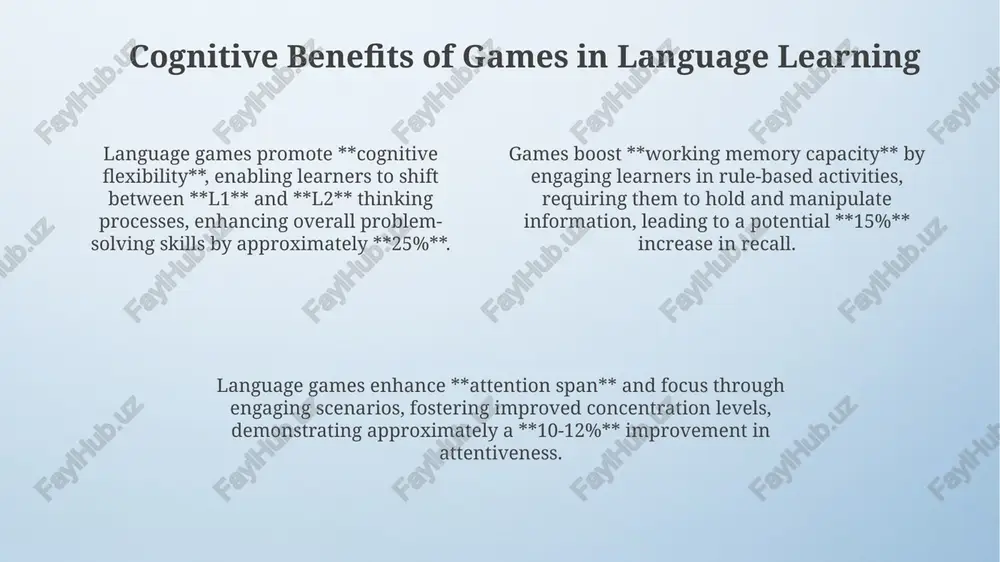 and reduce students' affective filter. language games provide valuable, low-stakes opportunities for communicative practice, allowing learners to apply grammar rules and vocabulary from levels a1 to c2 in context. integrating games creates a 'comprehensible input' environment, fostering natural language acquisition similar to children learning their first language, with a 90% engagement rate. thank you for your attention image4.png image3.jpeg