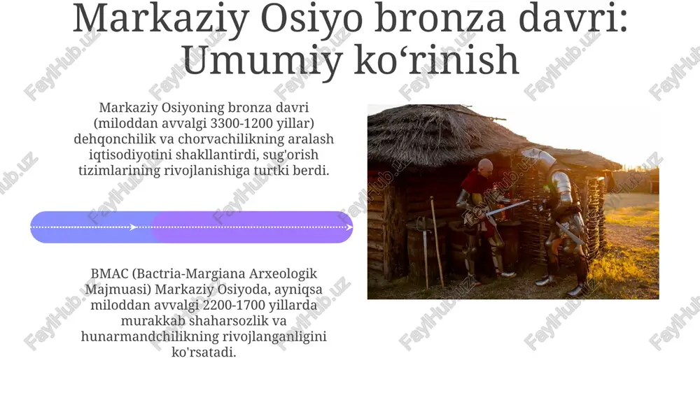 sopol idishlar yasalishi yuqori darajaga yetgan, ularda geometrik naqshlar va hayvonlar tasvirlari 10 xil usulda qo'llanilgan. bronza davrida irrigatsiya tizimlari rivojlanib, 20-30 gektar maydonni qamrab olgan suv omborlari qurilgan, bu esa dehqonchilik mahsuldorligini oshirgan. bronza davrining yakuni va temir davriga o'tish bronza davrining so'nggi bosqichida (miloddan avvalgi xii-x asrlar) sug'oriladigan dehqonchilikning pasayishi va chorvachilikning ahamiyati ortishi kuzatildi, bu esa ko'chmanchi turmush tarziga o'tishning boshlanishi edi. markaziy osiyoda temir davriga o'tish miloddan avvalgi ix-viii asrlarda sodir bo'ldi, bu temir asboblarining tarqalishi bilan bog'liq bo'lib, ishlab chiqarish unumdorligini oshirdi va ijtimoiy o'zgarishlarga olib keldi. xulosa xulosa miloddan avvalgi 2-ming yillikda surxondaryo viloyatida joylashgan boʻlib, u yerda 150 dan ortiq bronza davri qishloqlari topilgan, bu esa oʻtroq dehqonchilik madaniyatining rivojlanganligini koʻrsatadi. xulosada topilgan arxeologik topilmalar orasida sopol idishlar, tosh qurollar va bronza buyumlar mavjud boʻlib, ular mahalliy aholining hunarmandchilik mahoratidan dalolat beradi va miloddan avvalgi 1700-1500 yillarga tegishli. e'tiboringiz uchun rahmat image4.png image5.jpg …
