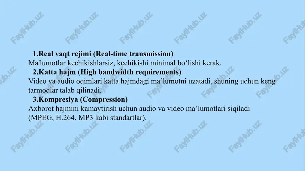 erfeyslari (masalan, wi-fi va mobil ma'lumotlar (lte/5g)) orqali ulanish imkoniyatini nazarda tutishi mumkin. bu ulanishning ishonchliligini oshirish (agar bittasi ishdan chiqsa, boshqasi ishlayveradi) yoki tezlikni oshirish (bir nechta ulanishni birlashtirish orqali) uchun ishlatiladi. umuman olganda, mobil tizimlarda ko'p marotaba ulanish: yuqori tezlik, yuqori sig'im, ishonchli aloqa va bir nechta qurilmalarning birgalikda ishlash imkoniyatlarini ta'minlash uchun muhim texnologik yechimlarni o'z ichiga oladi. eng zamonaviy mobil aloqa tizimlari (5g) aynan ko'plab qurilmalar (iot, smartfonlar va boshqalar) uchun bir vaqtning o'zida yuqori sifatli va ko'p marotaba ulanishni ta'minlashga qaratilgan. 3.multimediali aloqa tarmoqlari va ularning texnologiyalari multimediali aloqa tarmoqlari – bu tarmoq orqali matn, audio, video va grafik ma’lumotlarni uzatish imkonini beruvchi tizimlar. bunday tarmoqlarda oddiy kompyuter tarmoqlardan farqli o‘laroq realtime yoki interaktiv media uzatish muhim rol o‘ynaydi. 1. asosiy texnologiyalar multimediali tarmoqlarda ishlatiladigan texnologiyalarni quyidagicha tasniflash mumkin: a) transmissiya texnologiyalari ip tarmoqlari (internet protocol) – paket asosida ishlaydi, masalan, voip, video streaming, online …