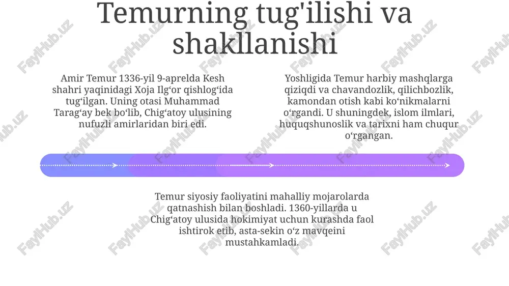 i yurishlarda foydalangan, oʻzini islom himoyachisi sifatida koʻrsatib, davlat chegaralarini kengaytirishga intilgan. temur oʻz hukmronligi davrida islom dinining obroʻsini oshirishga katta eʼtibor qaratdi, jumladan, masjidlar, madrasalar qurdirib, ulamolarni qoʻllab-quvvatladi, bu esa uning diniy eʼtiqodini koʻrsatadi. temur qurʼonni yod olgan hofizlarni, olimlarni va sufiylarni oʻz saroyiga taklif qilib, ularga hurmat koʻrsatgan, ularning maslahatlariga quloq solgan va ularga katta miqdorda moddiy yordam koʻrsatgan. temurning shaxsiy fazilatlari va liderlik qobiliyatlari 01 02 03 temur o'zining strategik fikrlash qobiliyati bilan ajralib turardi, masalan, 1391-yildagi qunduzcha jangida 200 ming qo'shinni boshqarib, g'alabaga erishgan. temurning shaxsiy jasorati unga sodiq askarlar to'plashga yordam bergan. u janglarda shaxsan qatnashgan, 1365-yilda loy jangida misol keltirish mumkin. adolatli hukmronlik temurning asosiy xususiyatlaridan biri bo'lgan. u 1398-yilda hindistonga yurish qilganida, mahalliy aholi bilan yaxshi munosabatda bo'lishga harakat qilgan. sales 1st qtr 2nd qtr 100 0 sales 1st qtr 2nd qtr 100 0 sales 1st qtr 2nd qtr 100 0 temur tarixshunoslikda …