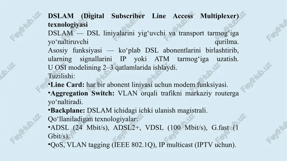 ius – tarmoq xavfsizligini ta’minlaydigan markaziy autentifikatsiya tizimi. u quyidagi bosqichlarda ishlaydi: access server foydalanuvchi login/parolni oladi. bu ma’lumot “access-request” xabari bilan radius serverga yuboriladi. server ma’lumotni tekshiradi (sql yoki ldap orqali). “access-accept” javobi bilan foydalanuvchiga ruxsat beriladi. accounting bosqichida trafik va vaqt hisobi yuritiladi. qo‘llaniladigan portlar: 1812 (auth), 1813 (accounting). protokol udp asosida ishlaydi, lekin md5 shifrlash orqali himoyalangan. ngn tarmog‘ida signalizatsiya tizimining o‘zaro ishlash algoritmi ngn (next generation network) da signalizatsiya jarayonlari turli protokollar yordamida amalga oshiriladi. asosiy maqsad – turli tarmoq elementlari (softswitch, media gateway, signaling gateway) o‘rtasida chaqiriqlarni boshqarish va ulanishni sinxronlashtirishdir. asosiy bosqichlar: abonent chaqiriq boshlaydi (sip invite yoki h.323 setup xabari). softswitch signalni qabul qiladi, abonent raqamini aniqlaydi va yo‘naltirishni tanlaydi. agar aloqa boshqa tarmoqda bo‘lsa, signaling gateway ss7 tarmog‘i bilan interfeysni amalga oshiradi. media gateway orqali ovoz paketlarga bo‘linadi va ip tarmog‘iga uzatiladi. javob qaytgach (sip 200 ok yoki h.323 connect), ikki tomonlama …