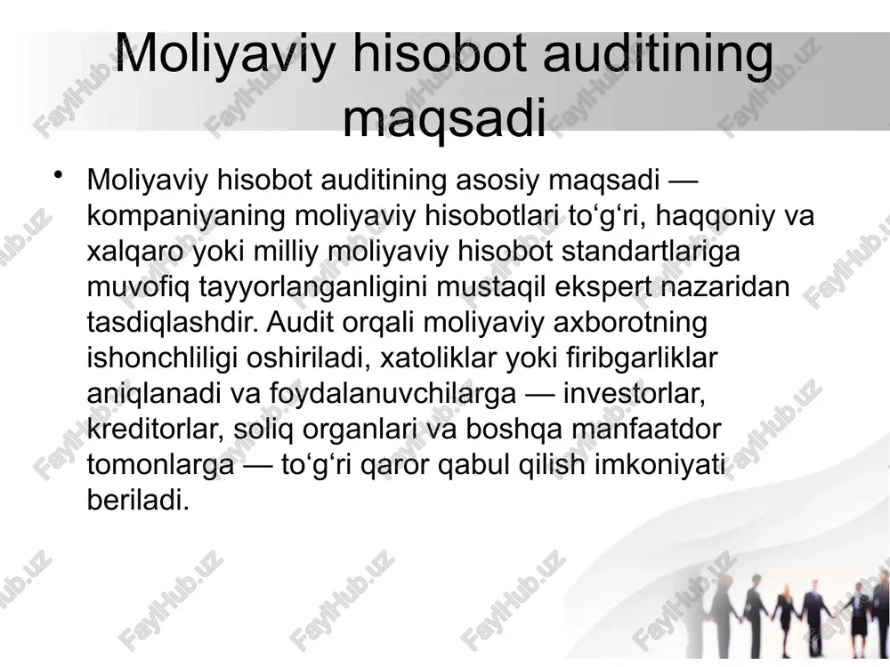 r va holatlarni o‘rganish jarayonida amaliyotchi tomonidan to‘planadigan barcha moddiy, hujjatli va ob’ektiv dalillarni qamrab oluvchi faoliyatdir. ushbu jarayon jinoyatni tergov qilish, voqealarni qayta tiklash va adolatli qaror qabul qilish uchun asosiy vosita hisoblanadi. material dalillarni to‘g‘ri yig‘ish, ularni saqlash va huquqiy tartibda taqdim etish – jinoyatlarni ochishda va jinoyatchilarni aniqlashda hal qiluvchi ahamiyatga ega. ichki nazoratning roli ichki nazorat tashkilotning faoliyatini samarali va qonuniy yuritilishiga xizmat qiluvchi muhim vositadir. u moliyaviy, operatsion va boshqaruv jarayonlarida xatolik va firibgarliklarning oldini olishga yordam beradi. ichki nazorat xodimlar faoliyatining sifatini oshiradi, resurslardan samarali foydalanishni ta’minlaydi va tashkilotning maqsadlariga erishish yo‘lida xavflarni kamaytiradi. shu bilan birga, ichki nazorat rahbariyatga strategik qarorlar qabul qilishda ishonchli ma’lumotlar beradi hamda tashkilotning ichki va tashqi audit talablariga mosligini ta’minlaydi. audit natijalarini tahlil qilish audit natijalari tashkilotning moliyaviy va operatsion faoliyatini baholashda muhim ahamiyatga ega. ular orqali mavjud kamchiliklar, xatarlar va samaradorlik darajasi aniqlanadi hamda kelgusidagi faoliyatni yaxshilash …