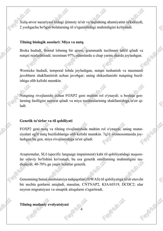 oilalarining ajralish vaqtini taxmin qilishga urinadi, ammo uning aniqligi bahsli masala hisoblanadi. til va kognitiv rivojlanish tilning kognitiv rivojlanishi 1 yoshdan 3 yoshgacha jadal kechadi, bolalar so'z birikmalari va sodda gaplarni tuzishni o'rganadilar. fonologik xotira, bolaning so'zlarni eslab qolish qobiliyati, til rivojlanishiga sezilarli ta'sir ko'rsatadi, ayniqsa 4 yoshdan 6 yoshgacha. so'z boyligi 5 yoshga kelib taxminan 2500 so'zni tashkil etadi, bu kognitiv jarayonlar, jumladan, kategoriyalash va abstrakt fikrlash bilan bog'liq. tilning ijtimoiy ta'siri tilning ijtimoiy ta'siri 1) dialektlar va jargonlar orqali aniqlanadi, ularning paydo bo'lishi 2) guruh ichidagi birdamlikni mustahkamlaydi va 3) tashqi guruhlardan ajratib turadi. ijtimoiy ta'sirda til 1) gender, 2) yosh va 3) ijtimoiy sinf kabi omillarga asoslangan holda turli xil nutq uslublarini namoyon etadi, bu esa tengsizlikni aks ettiradi. til siyosati, 1) ta'lim, 2) ommaviy axborot vositalari va 3) hukumat muassasalarida qaysi tillardan foydalanishni belgilab beradi, bu ijtimoiy o'zgarish va identifikatsiya jarayonlariga ta'sir ko'rsatadi. tilning yo'q bo'lib …