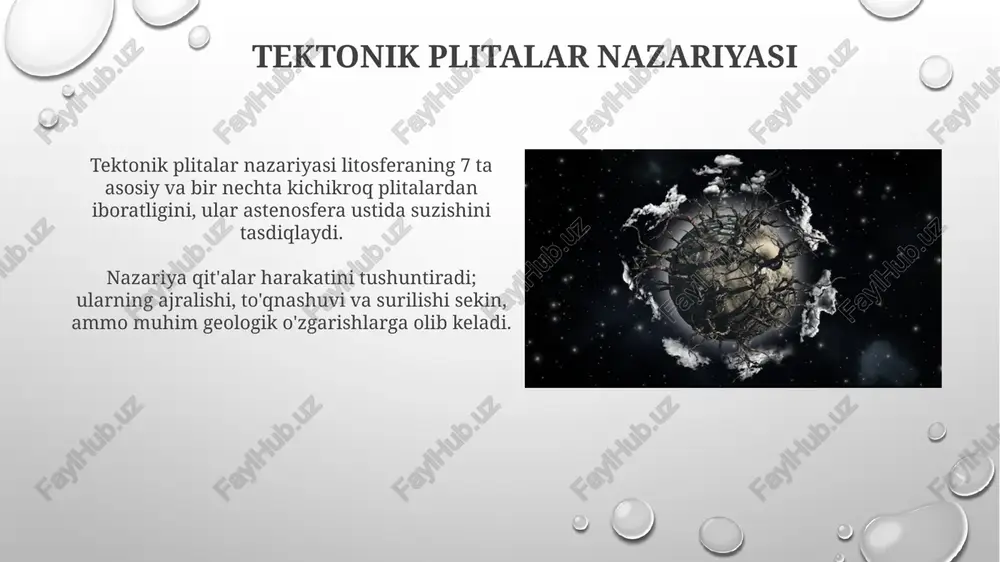 adi. geologik xavflarni boshqarish geologik xavflarni boshqarish, potensial vayronkor hodisalarni minimallashtirish uchun zilzilalarni monitoring qilish va 7 magnitudali silkinishlar xavfini baholashni oʻz ichiga oladi. tuproq koʻchkilari xavfini kamaytirish uchun geologik xavflarni boshqarish 10 yillik qaytarilish davriga ega boʻlgan jarliklarni barqarorlashtirishga qaratilgan muhandislik yechimlarini qo'llaydi. litosferaning ekologik ahamiyati litosfera tuproq hosil boʻlishining asosiy omili boʻlib, uning mineral tarkibi oʻsimliklar oʻsishi uchun zarur boʻlgan 17 ta muhim elementni taʼminlaydi va ekotizim barqarorligini taʼminlaydi. litosferaning geokimyoviy xususiyatlari, masalan, ph darajasi va ogʻir metallarning 5 mg/kg dan yuqori boʻlishi, tuproq mikroorganizmlarining faolligini boshqaradi va biogeokimyoviy sikllarga taʼsir etadi. e'tiboringiz uchun rahmat image4.png image2.png image5.jpg image6.jpg image7.jpg image8.jpg image9.jpg image10.jpg image11.jpg image12.jpg image13.jpg image14.jpg image15.jpg image16.jpg image17.jpg image18.jpg image19.jpg image20.jpg image21.jpg image3.png